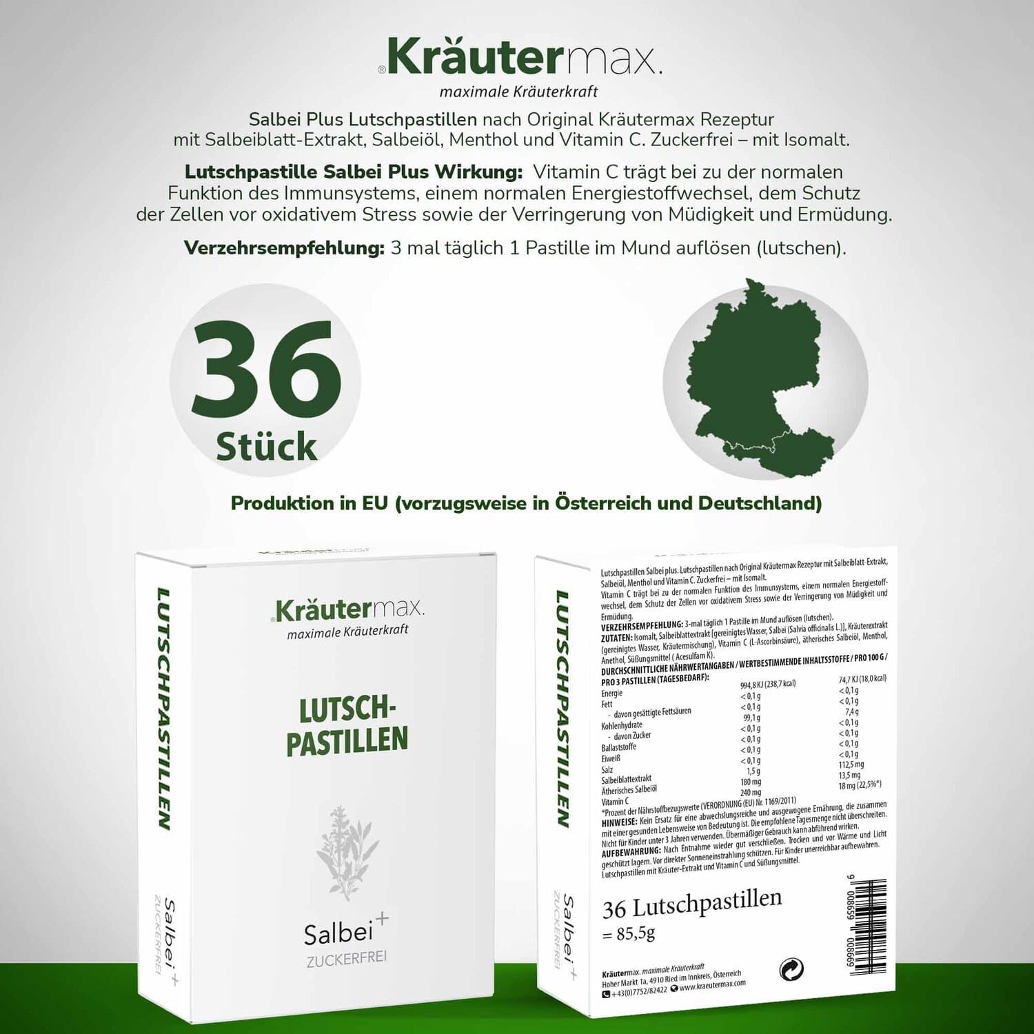 Produktverpackung mit Kräutermax Lutschpastillen Salbei plus Vitamin C. 36 Stück. Text und Inhaltsangaben.
