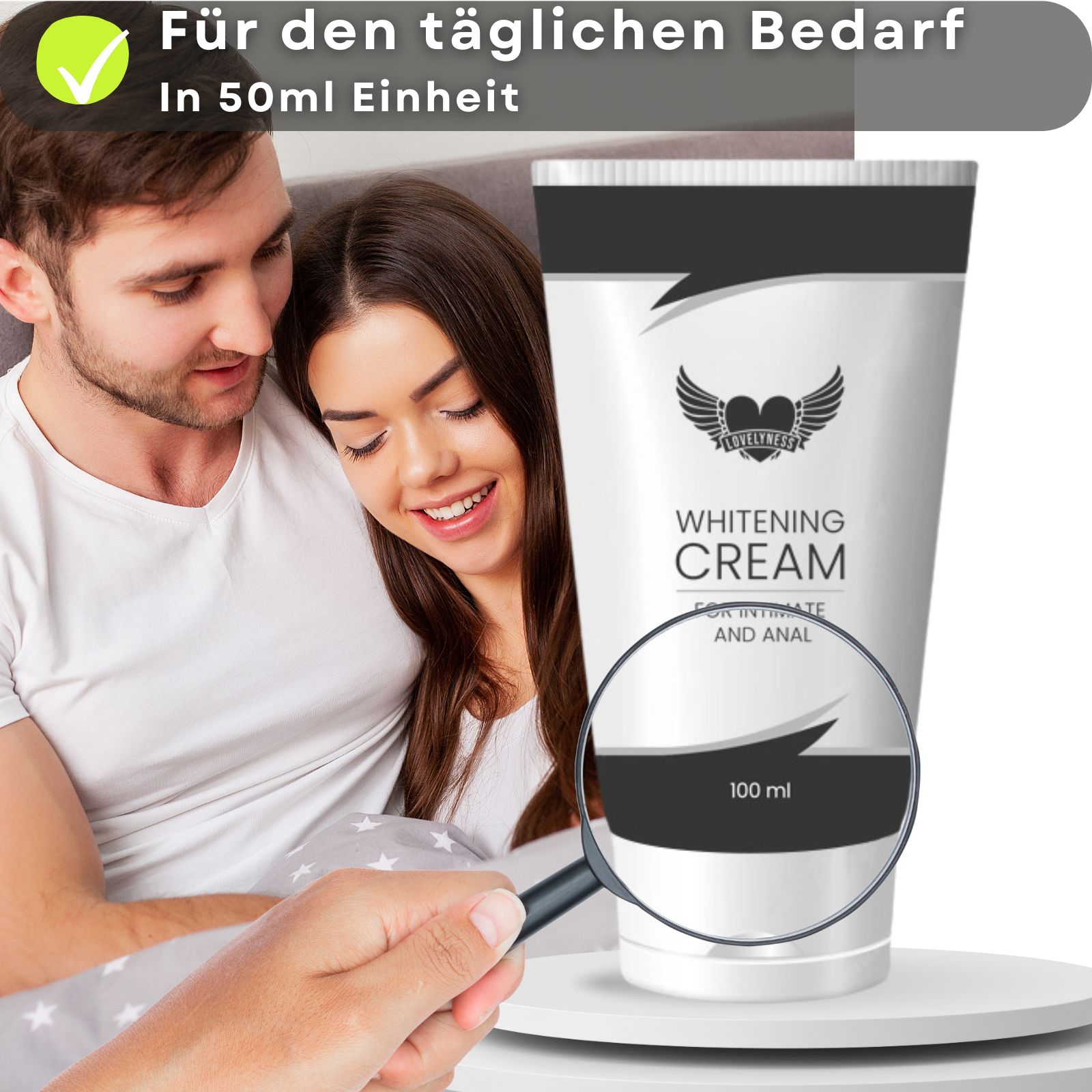 Creme-Tube mit Text. Enthält Text: Whitening Cream. Für Intim- und Analbereich. Mit Logo. 100 ml. Abbildung eines Paares.