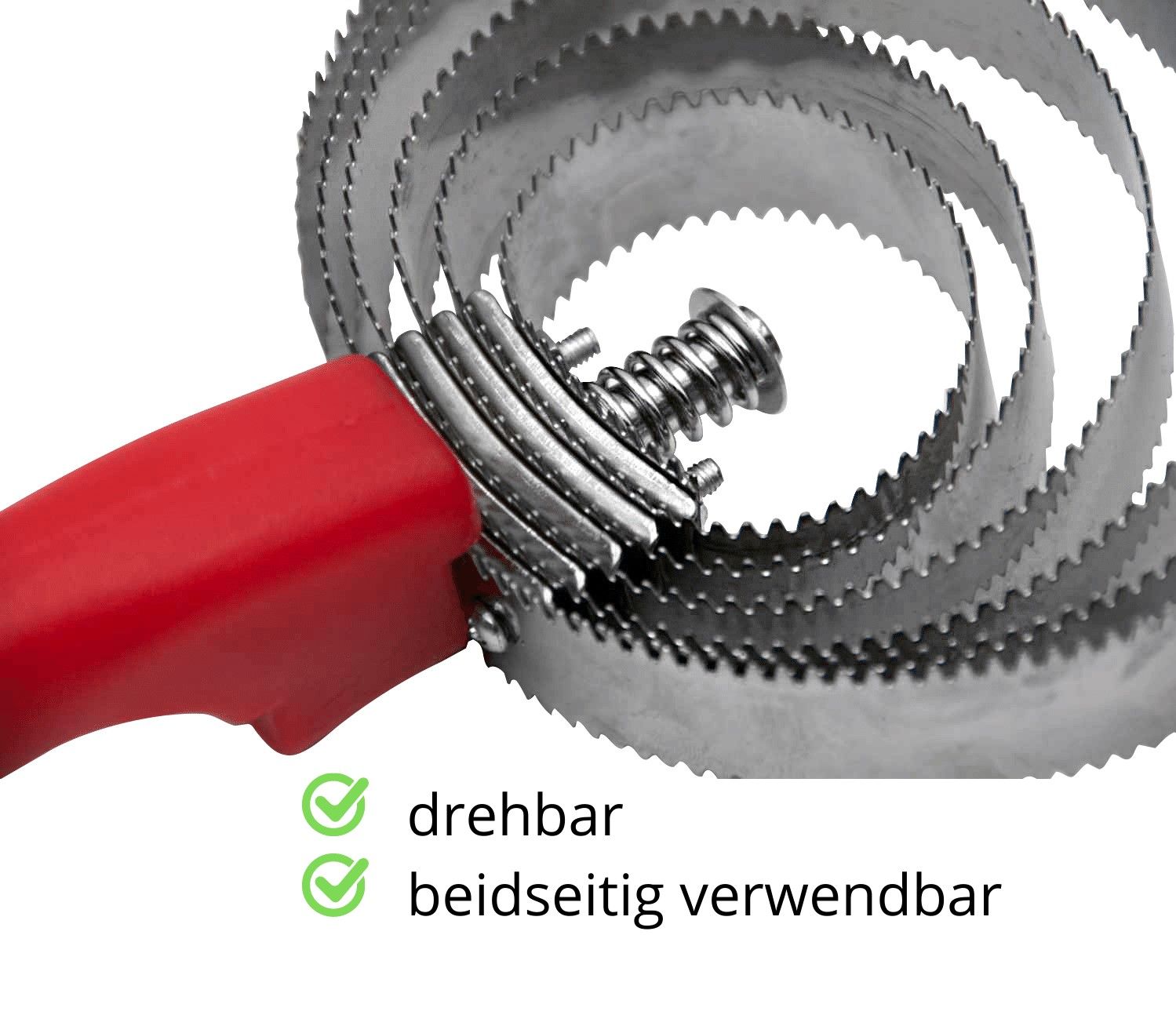 Federstriegel mit rotem Griff. Drehbar und beidseitig verwendbar.
