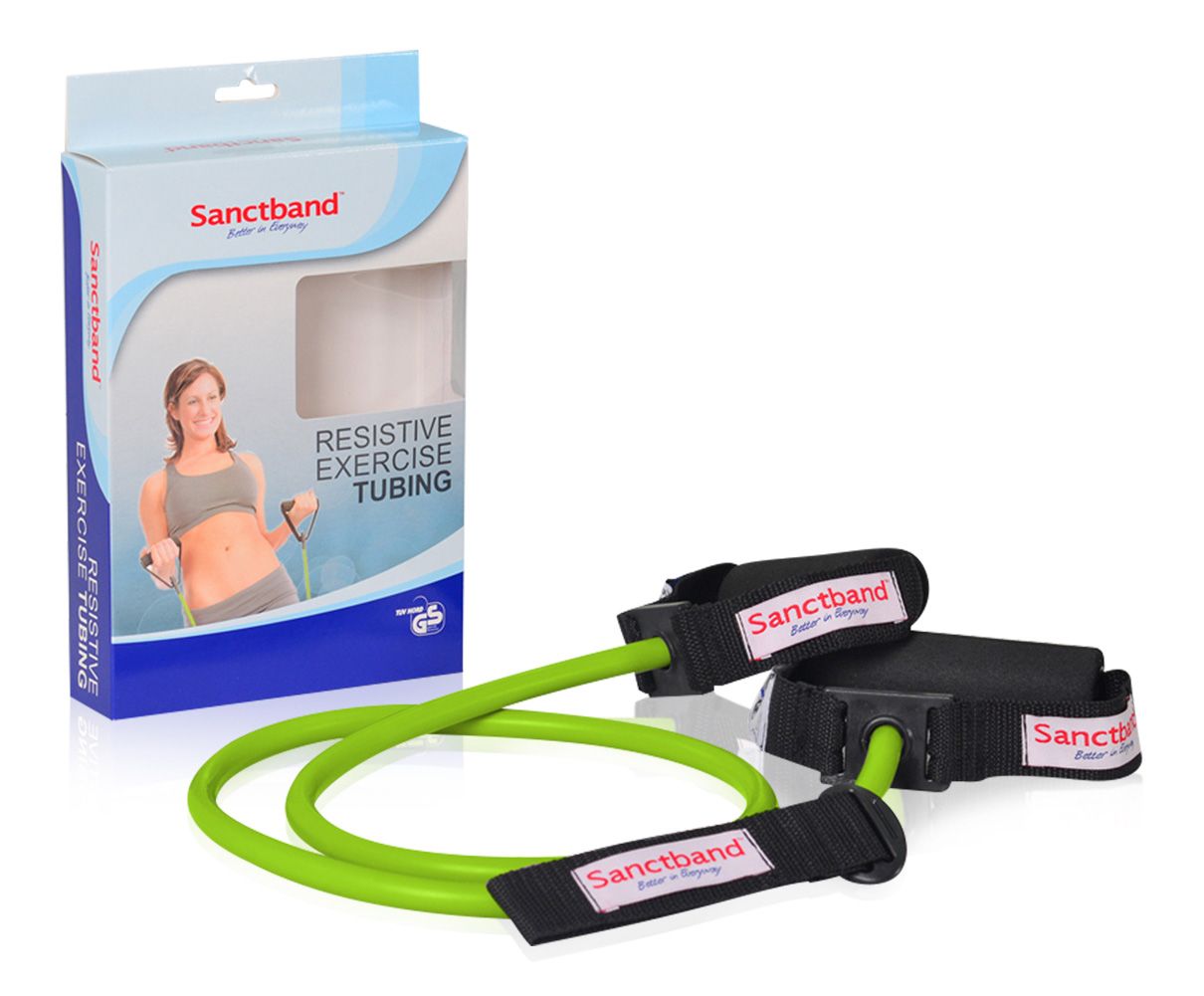 Sanctband Resistive Exercise Tubing. Grüne Übungsröhre mit Griffen und Verpackung.