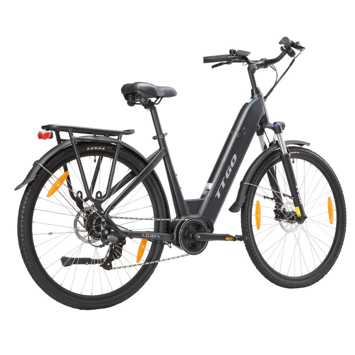 Schwarzes Elektrofahrrad mit Gepäckträger, Schutzblechen und TTGO-Logo. Kenda-Reifen und orangefarbene Reflektoren.