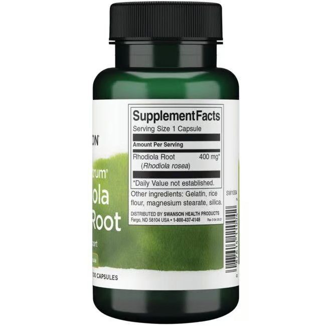 Grüne Flasche, schwarzer Deckel. Rückseite mit Nährwertangaben: Rhodiola Root 400 mg. Weitere Inhaltsstoffe: Gelatine, Reis, etc.