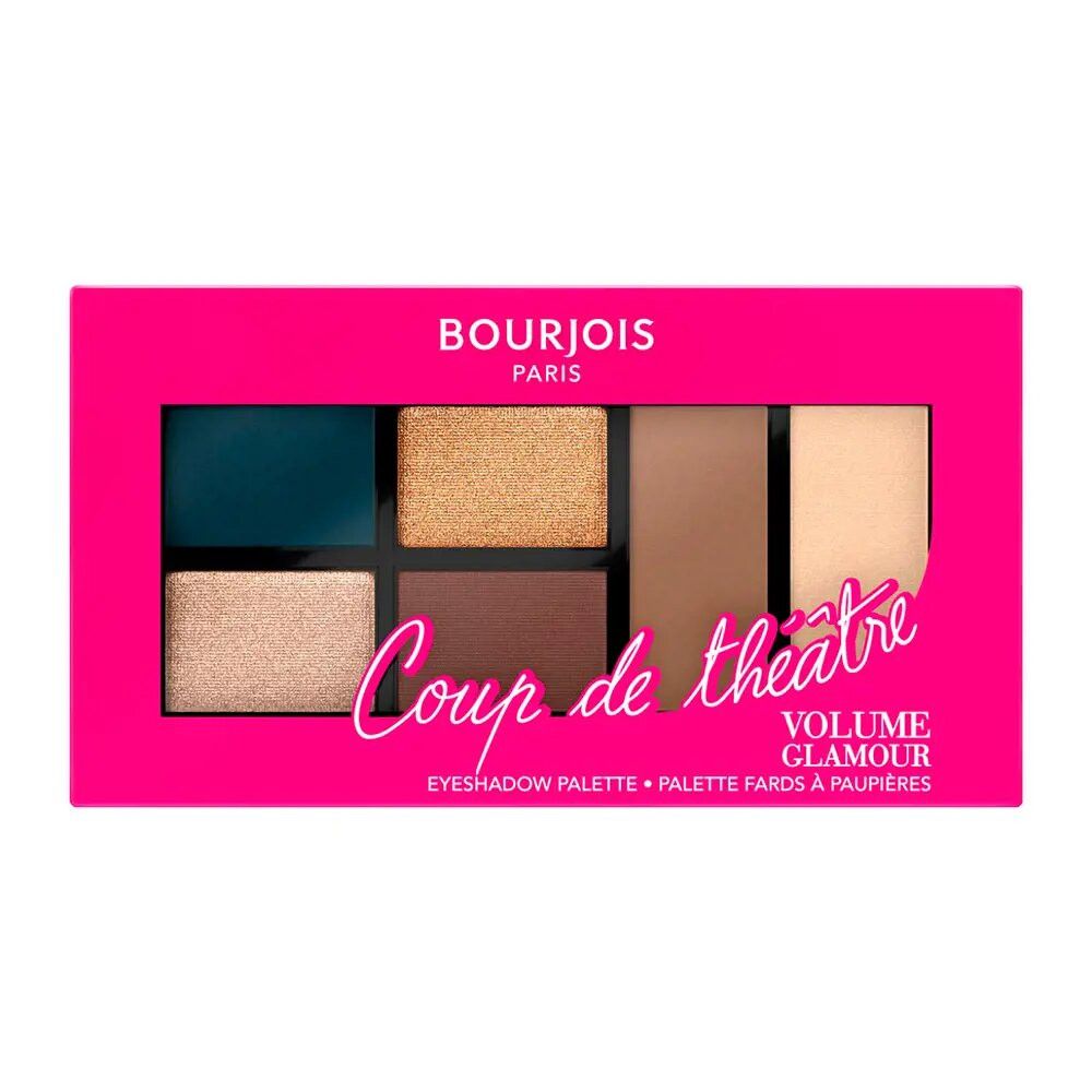 Pinkfarbene Lidschattenpalette mit sechs Farbtönen. Text: "Coup de théâtre" und "Volume Glamour".