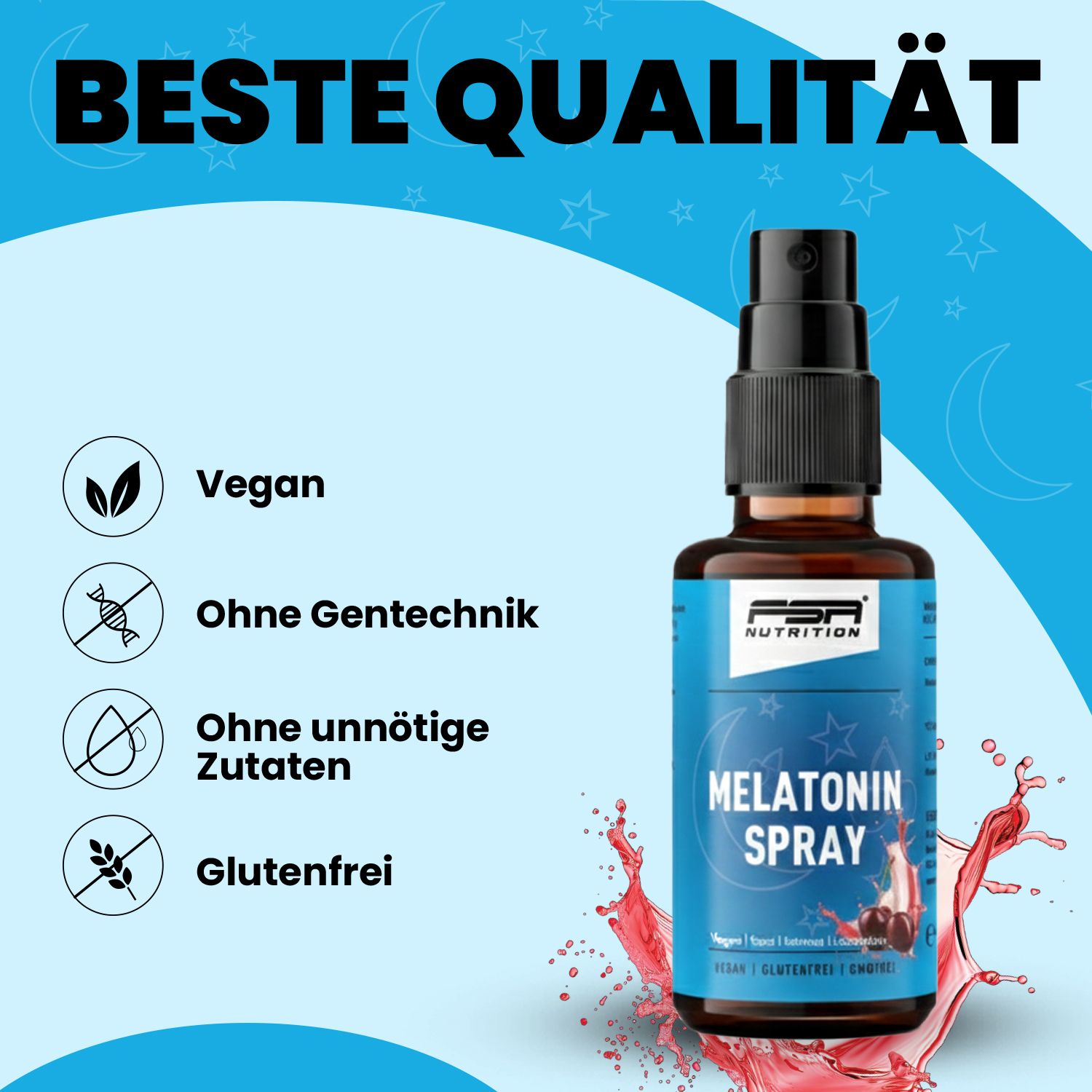 Braune Flasche mit blauem Etikett, FSA Nutrition Melatonin Spray. Vegan, ohne Gentechnik, ohne unnötige Zutaten, glutenfrei.