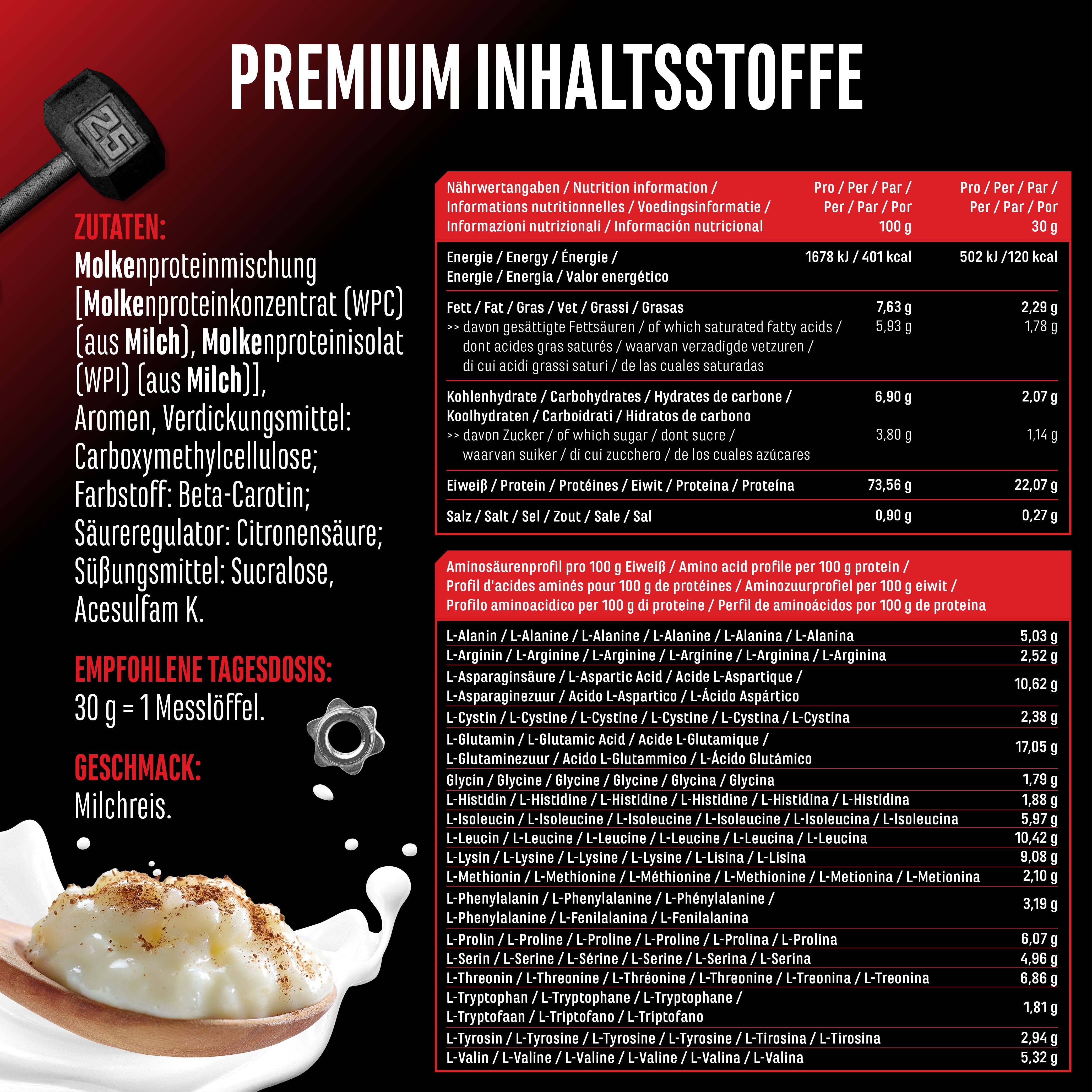 Nährwerttabelle und Aminosäureprofil. Zutaten: Molkenproteinkonzentrat (WPC), Molkenproteinisolat (WPI). Geschmack: Milchreis.