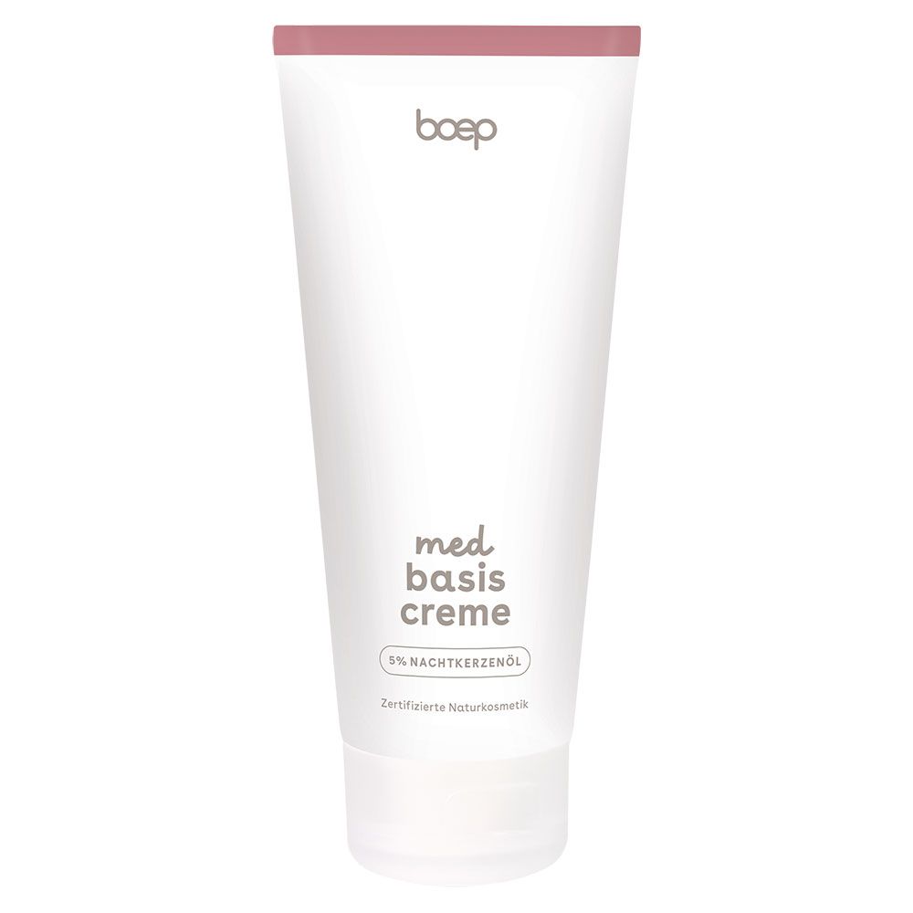 Weiße Tube mit rosa Deckel. Aufdruck: med basis creme, 5% Nachtkerzenöl, zertifizierte Naturkosmetik.