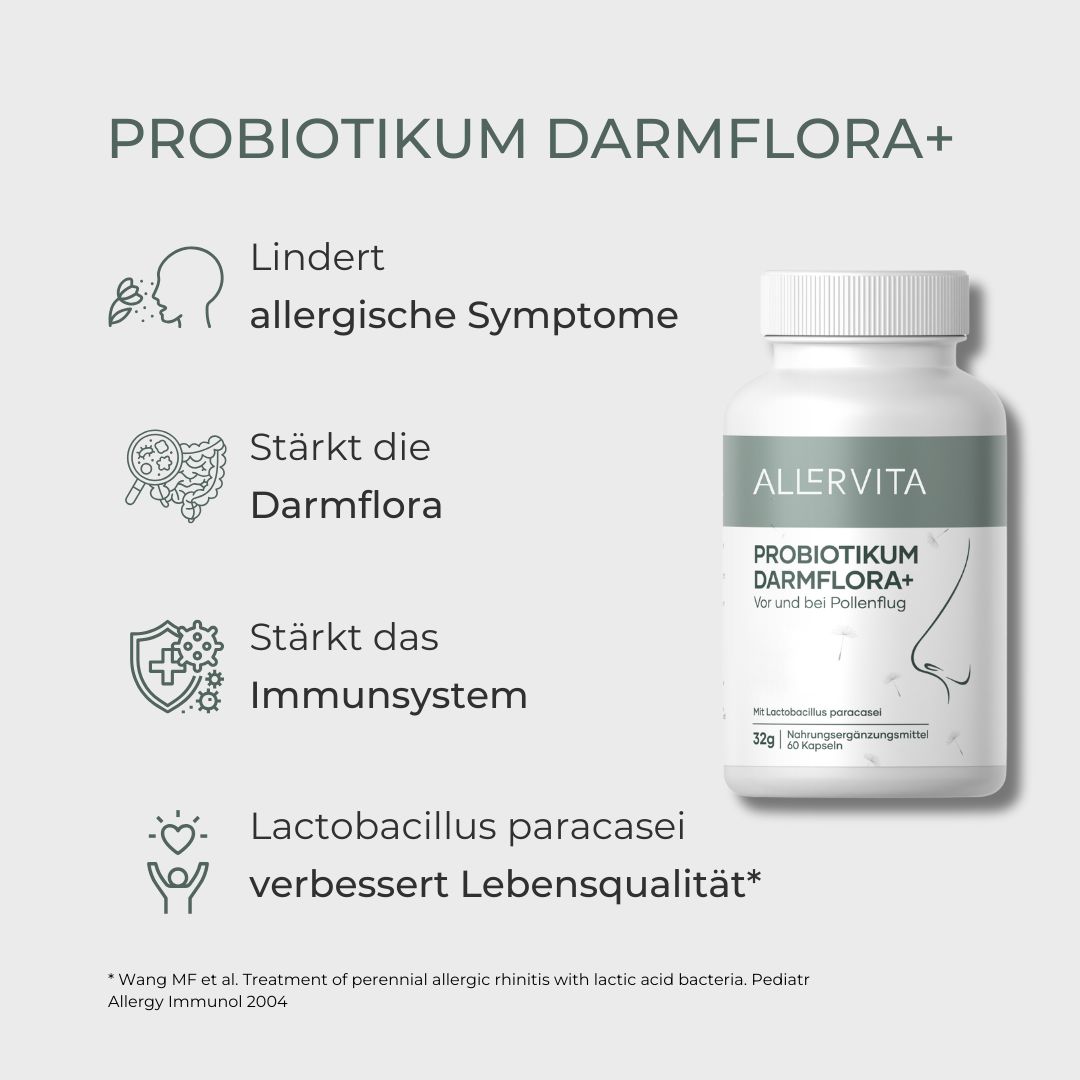 Weiße Flasche ALLERVITA Probiotikum Darmflora+. Text: Lindert allergische Symptome, stärkt Darmflora, Immunsystem. Mit Lactobacillus paracasei.