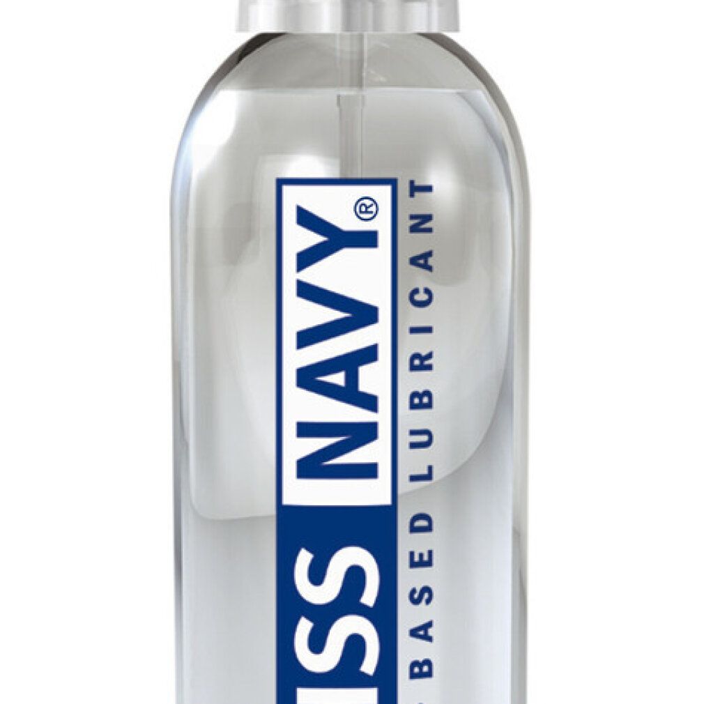 Klare, wasserbasierte Gleitmittel-Flasche mit blau-weißem Etikett.