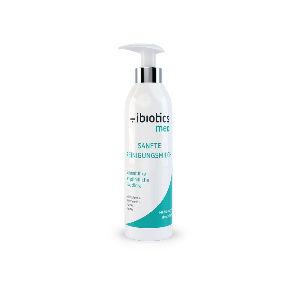 Weiße Flasche mit Pumpverschluss. Aufschrift: IBIOTICS med, SANFTE REINIGUNGSMILCH. Türkisfarbene Akzente.
