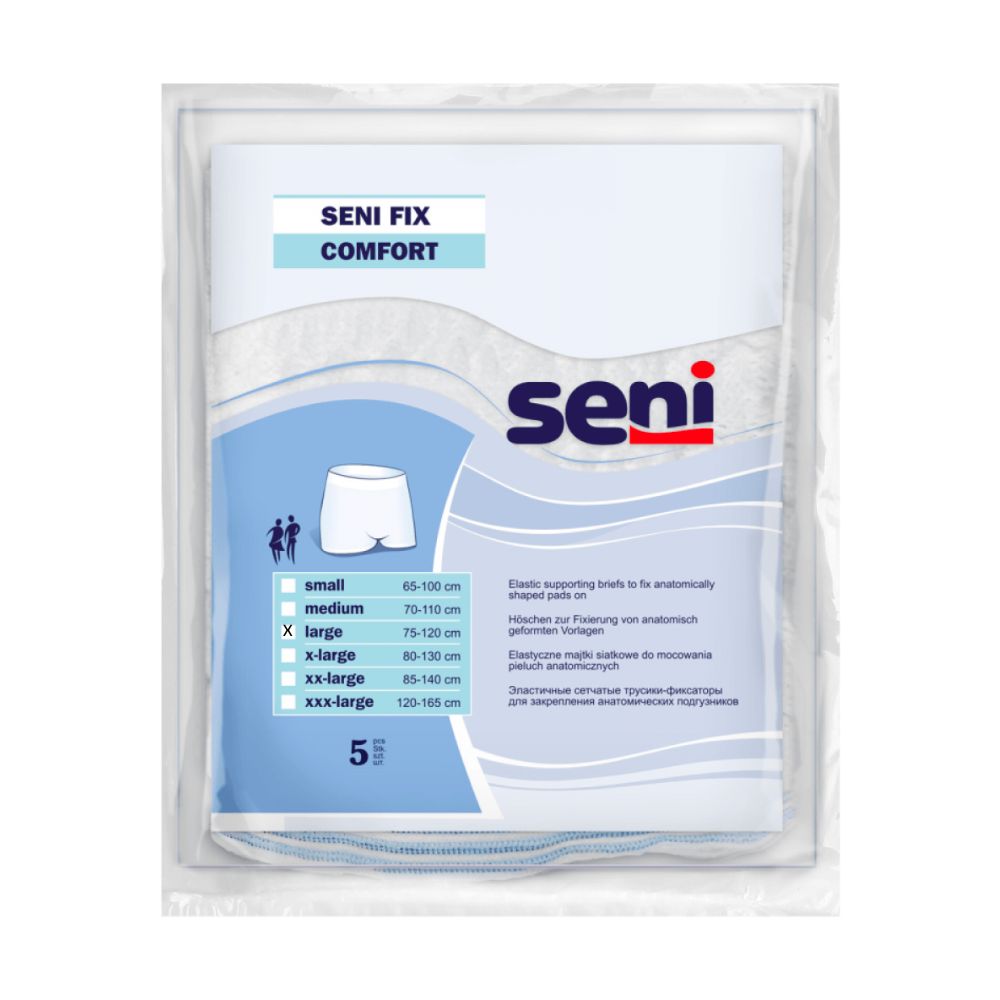 Verpackung mit Seni Fix Comfort. Aufdruck: Seni, Größenangaben, 5 Stück. Produktabbildung: weiße Unterhose.