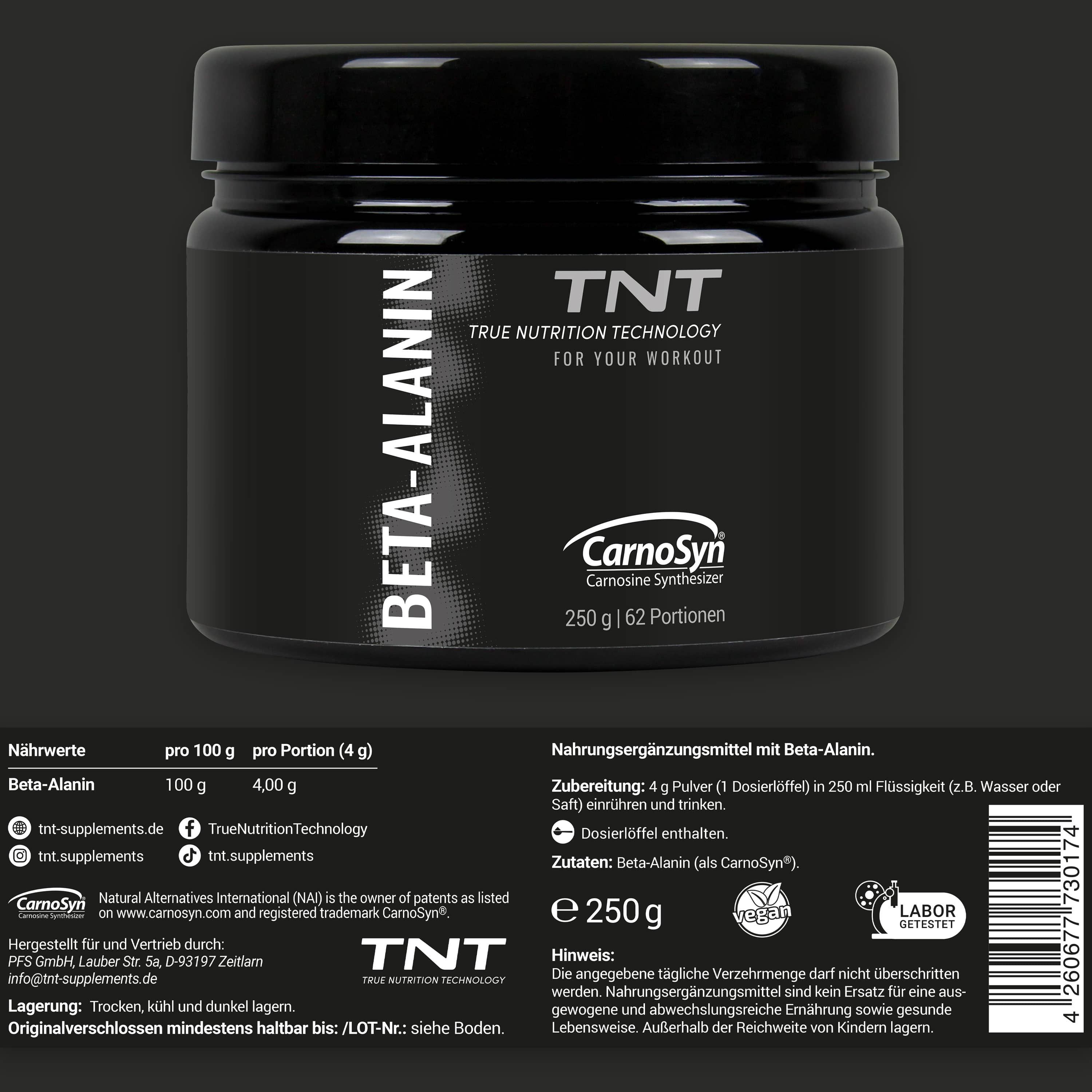 Schwarzer Behälter mit Etikett. Enthält Nährwertangaben und Text: Beta-Alanin, TNT, CarnoSyn. 250g, 62 Portionen.