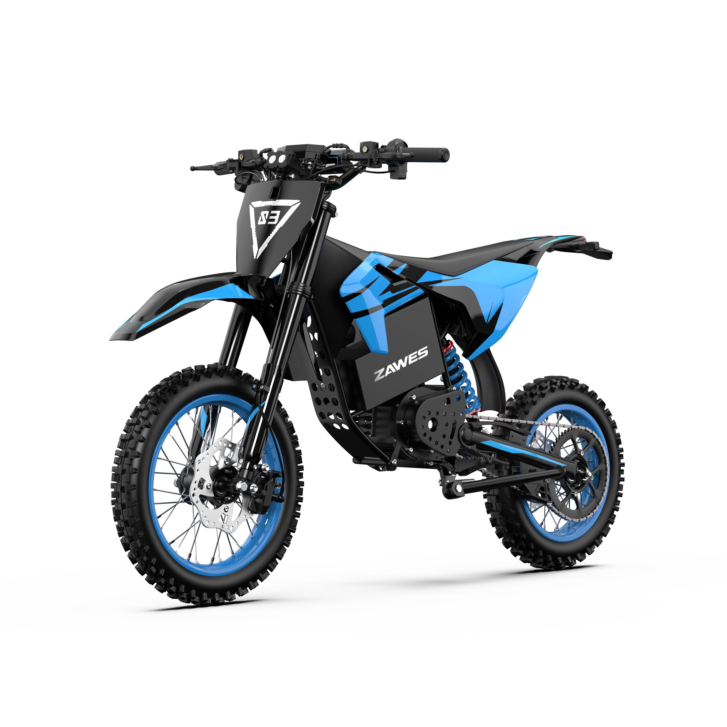 Elektro-Motocross-Motorrad, schwarz und blau. Blaue Felgen, schwarze Reifen. Marke "ZAWES" und "S3" sichtbar.
