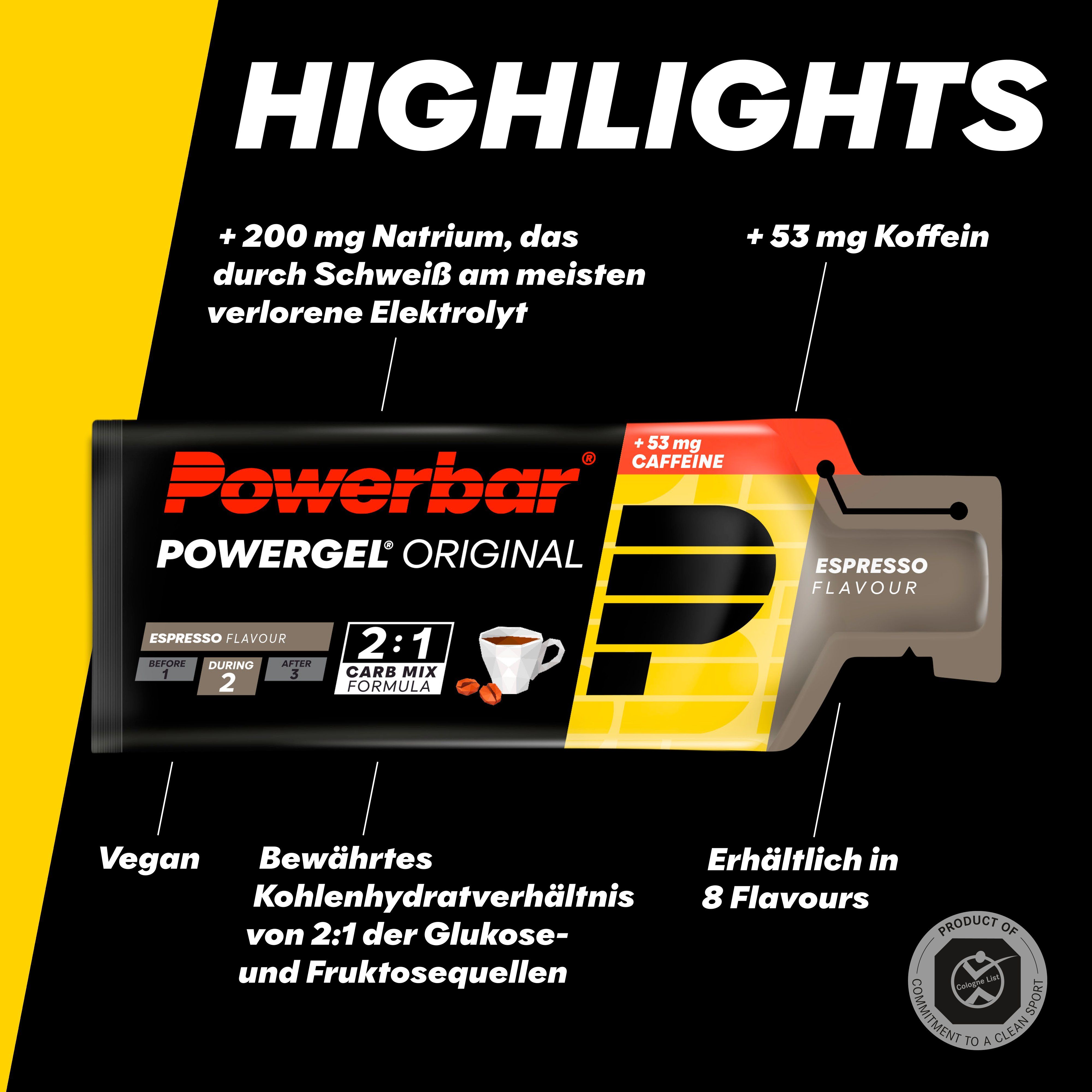 PowerBar PowerGel Original Espresso. Schwarze Verpackung mit gelben und roten Akzenten. Enthält 53 mg Koffein. Text: 2:1 Carb Mix.