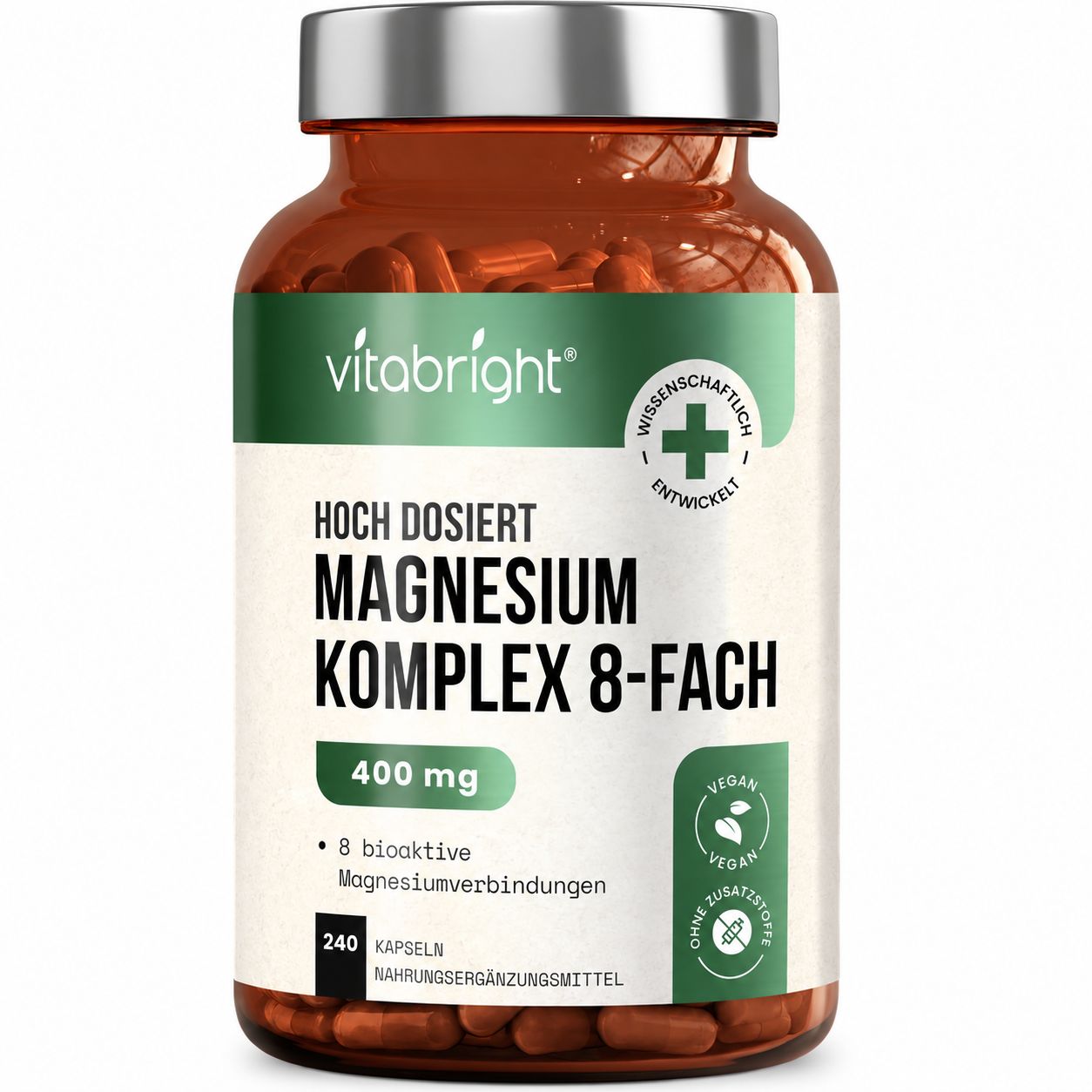 Flasche "Magnesium Komplex 8-fach" mit 240 veganen Kapseln.