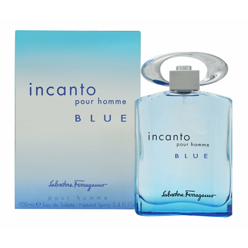 Hellblaues Parfümflakon mit silberfarbenem Verschluss und Verpackung. Aufschrift: Incanto pour homme Blu, Salvatore Ferragamo.