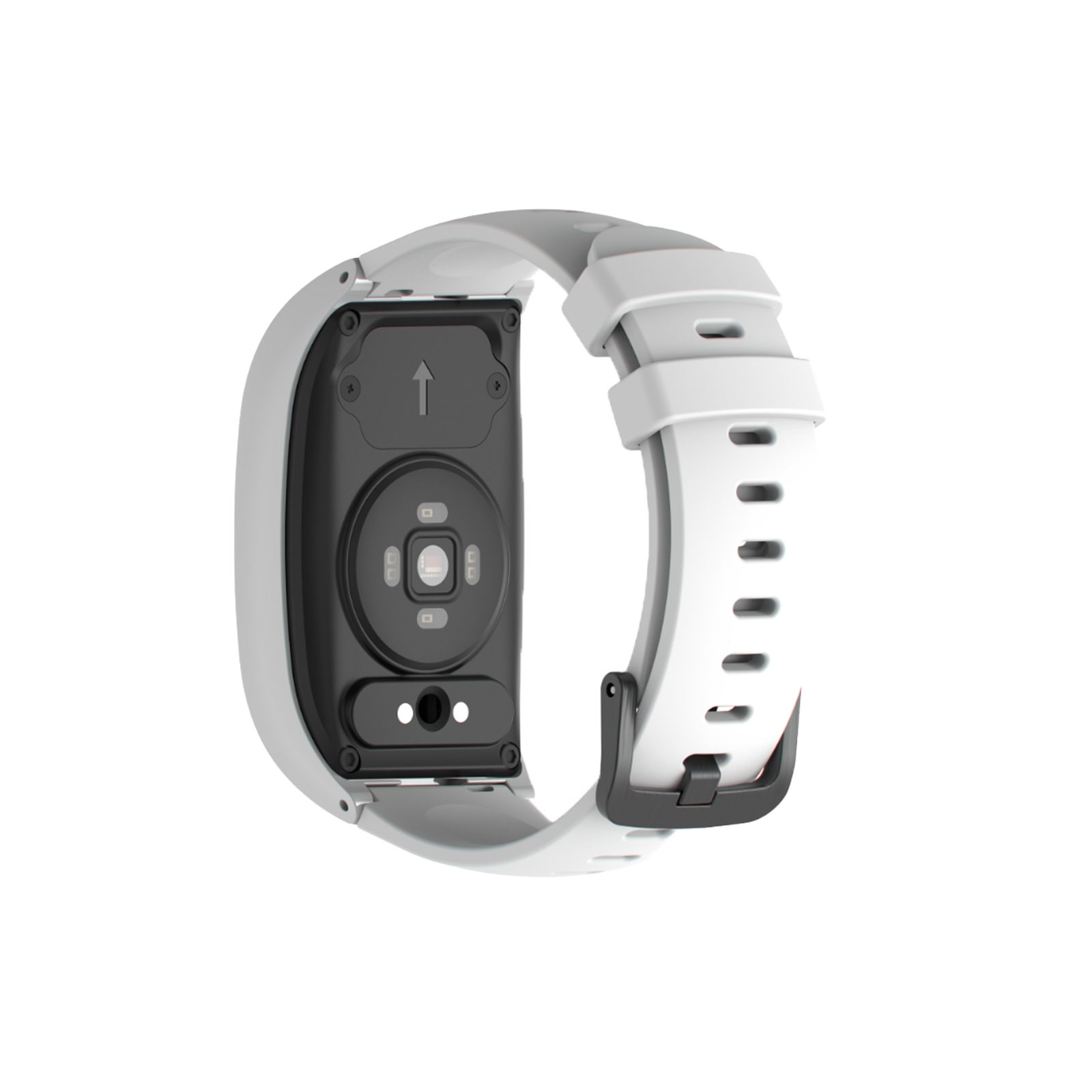 Rückseite einer weißen Smartwatch. Zeigt Sensoren und Armbandbefestigung.