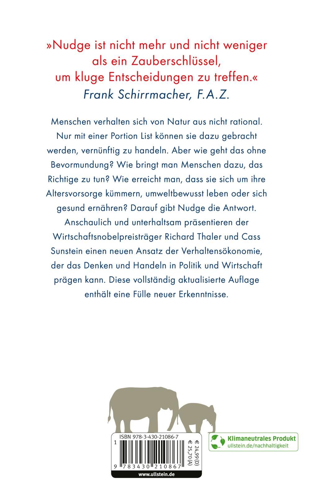 Rückseite des Buches "Nudge" mit Text, Elefanten-Silhouette und Barcode. Logo "Klimaneutrales Produkt".