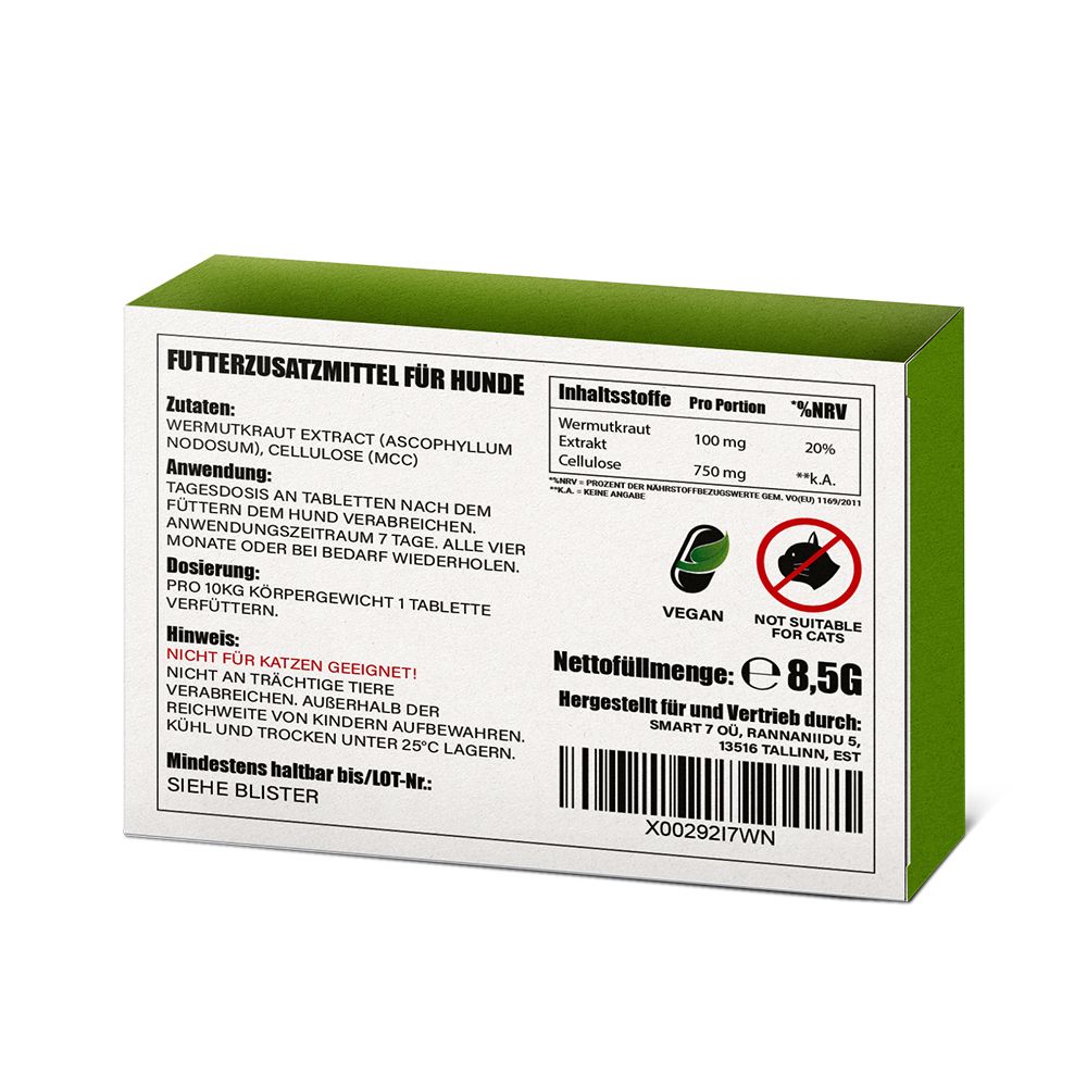 Rückseite der Wurm Tabletten Verpackung. Enthält Inhaltsstoffe, Dosierungshinweise, und Warnhinweise. Vegan-Siegel, nicht für Katzen.