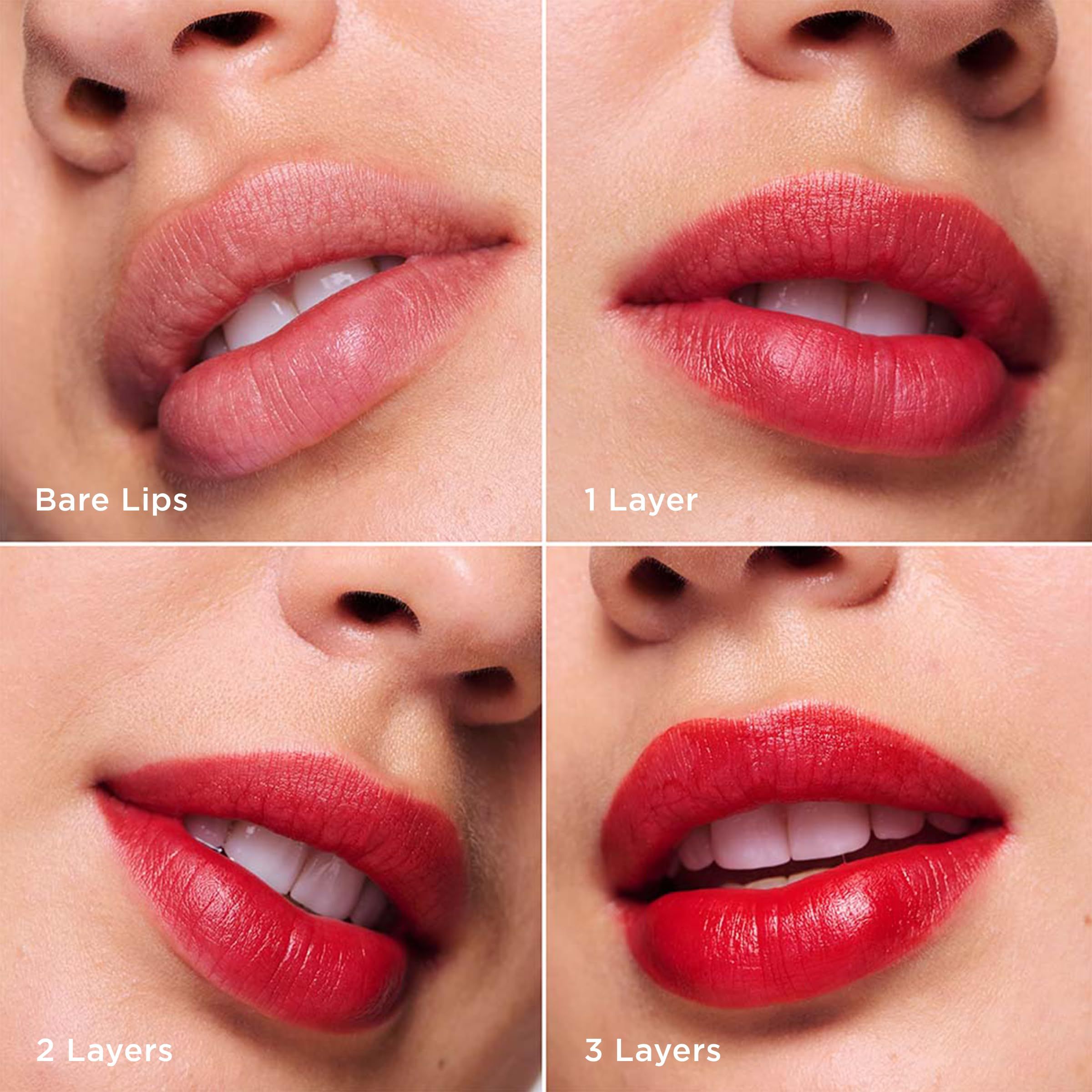 Vier Bilder zeigen Lippen mit unterschiedlichen Schichten. Beschriftungen: Bare Lips, 1 Layer, 2 Layers, 3 Layers.