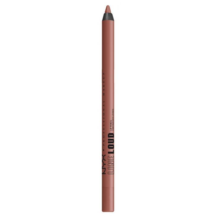 Lippenstift-Bleistift in Braun. Aufschrift: NYX PROFESSIONAL MAKEUP LINE LOUD LIP PENCIL. Spitze und Stiftende in gleicher Farbe.