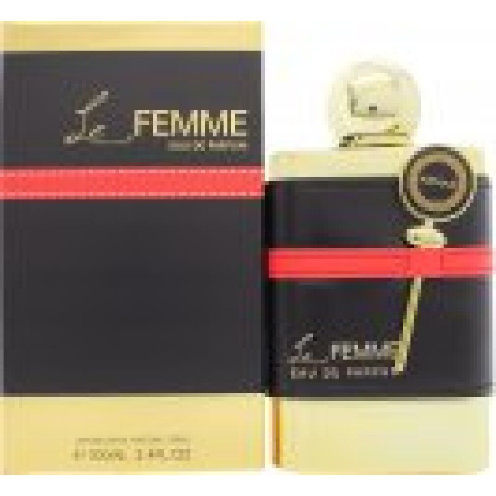 Goldfarbener Flakon mit schwarzem Lederband und rotem Streifen. Schwarze Verpackung mit goldener Schrift. Aufschrift: Le Femme.