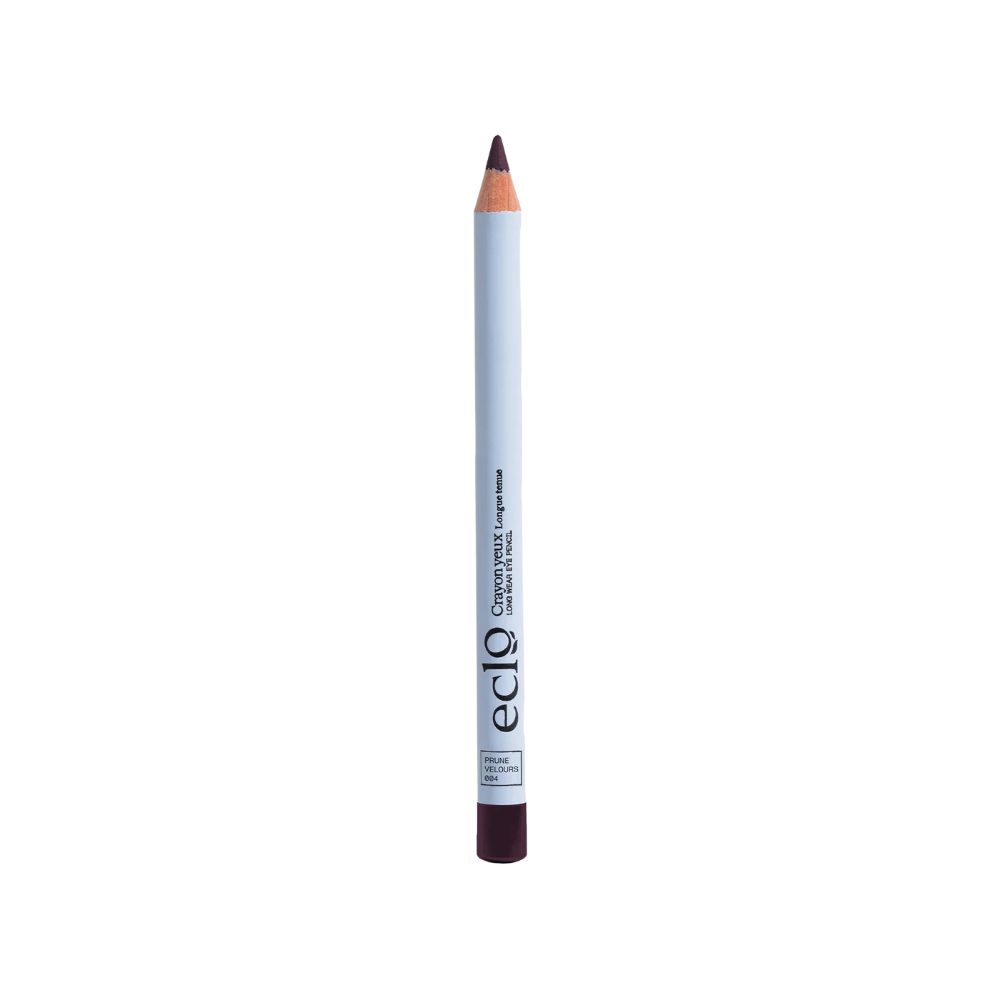 Augenstift mit dunkler Spitze. Weißer Schaft mit Aufdruck. Aufschrift: eclo, Crayon yeux longue tenue, Farbe: Prune.
