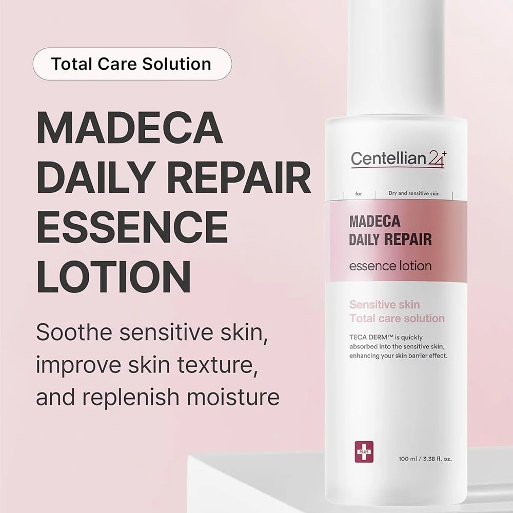 Weiße Flasche mit rosa Etikett. Aufschrift: Madeca Daily Repair Essence Lotion. Text: Total Care Solution. Marke: Centellian 24.