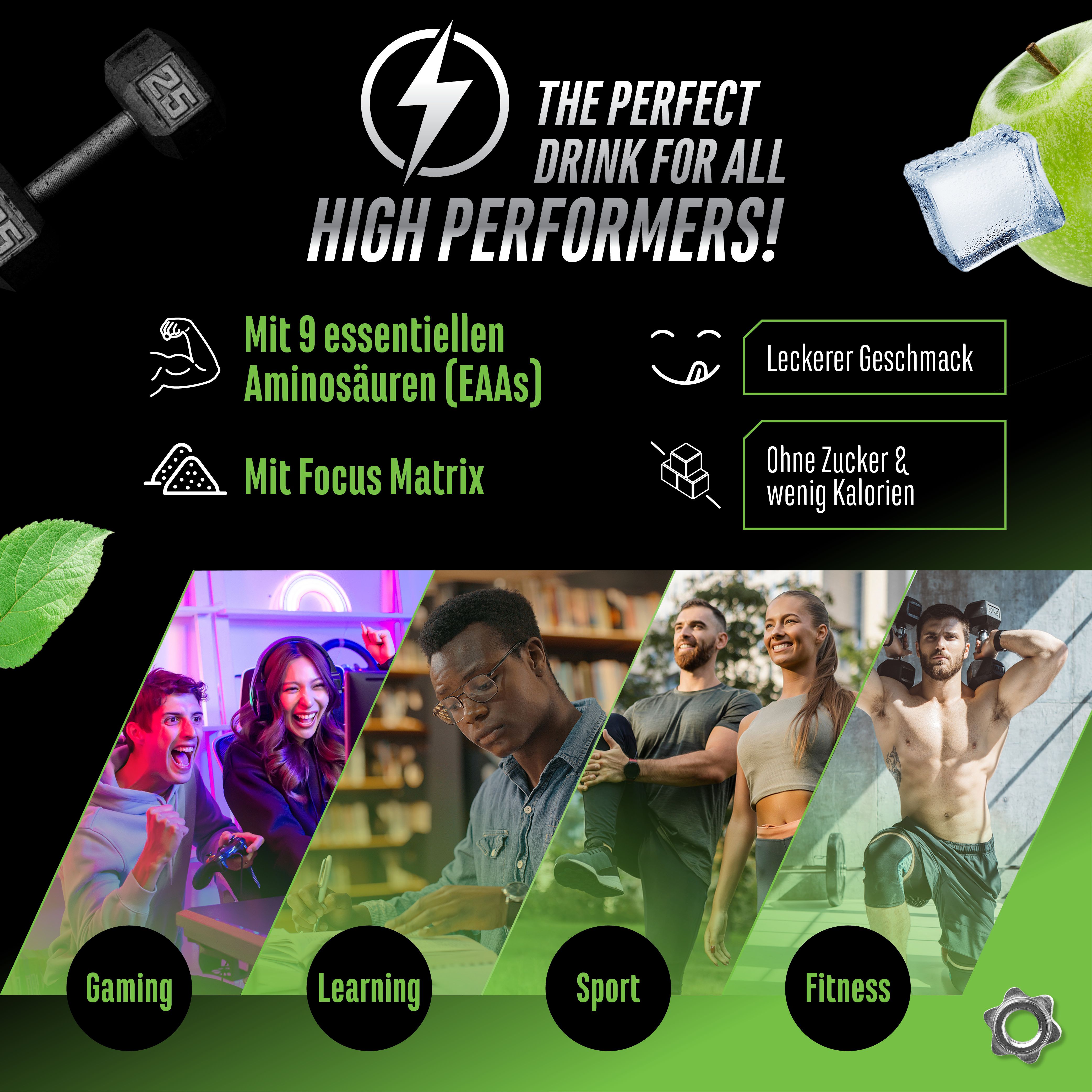Infografik: "THE PERFECT DRINK FOR ALL HIGH PERFORMERS!". Mit 9 essentiellen Aminosäuren, Focus Matrix, leckerer Geschmack, ohne Zucker.