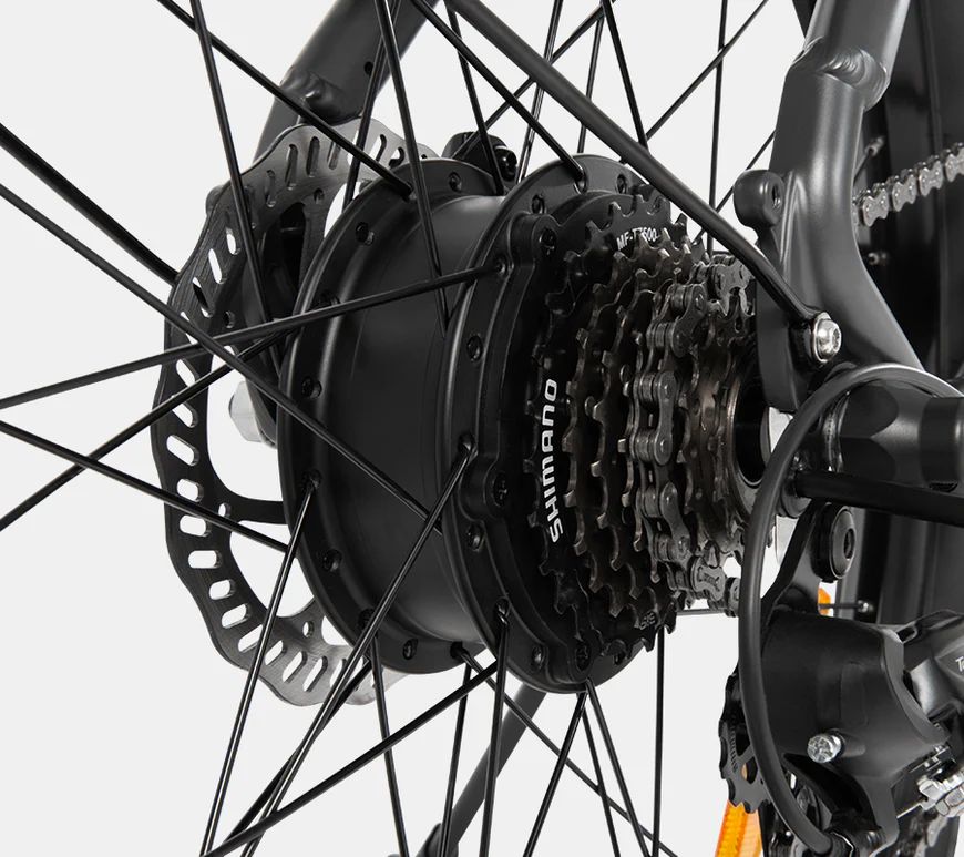 Nahaufnahme des Hinterrads einer DYU C1. Shimano-Schaltung, Bremsscheibe. Schwarze Reifen.