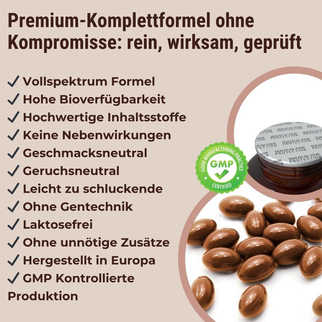 Braune Kapseln auf weißem Hintergrund. Text: Premium-Komplettformel ohne Kompromisse. GMP-Zertifizierung.
