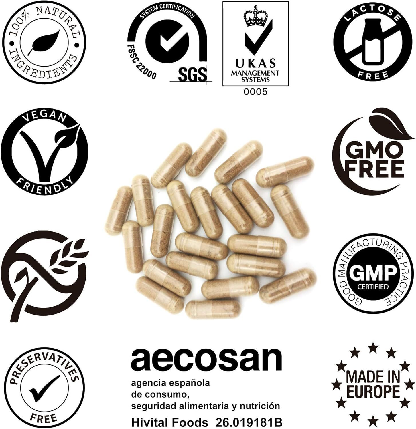 Kapseln mit verschiedenen Zertifizierungen: Vegan, GMO-frei, glutenfrei, Made in Europe, etc. Aecosan-Logo.