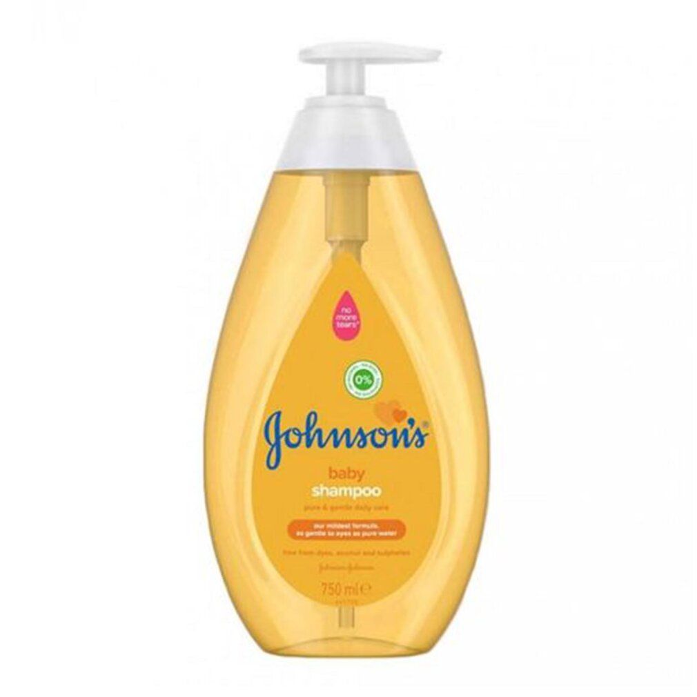 Gelbe Flasche mit Pumpe. Aufschrift: Johnson's baby shampoo. Produktname und Logo sichtbar. Inhalt: 750ml.