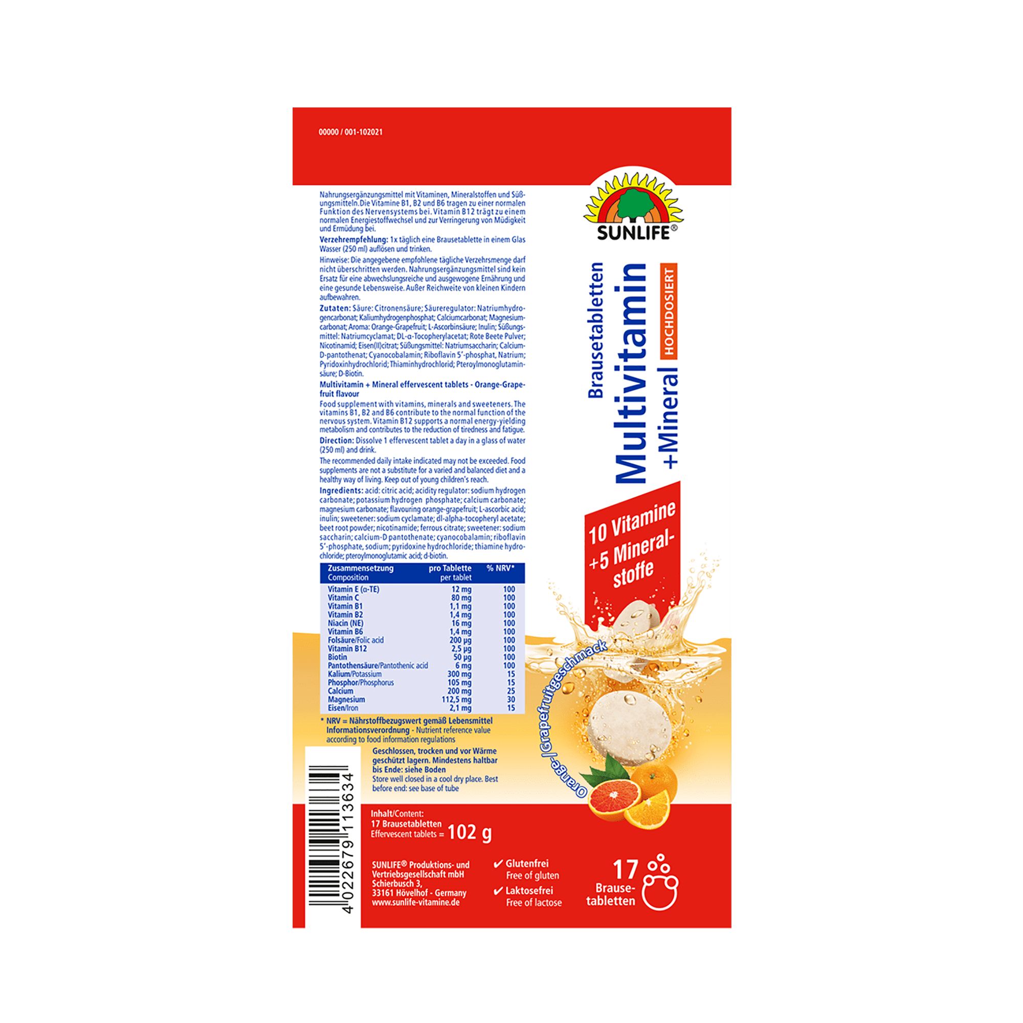Rückseite der Verpackung mit Informationen zu SUNLIFE Brausetabletten. Enthält 17 Tabletten. Angaben zu Inhaltsstoffen und Nährwerten.