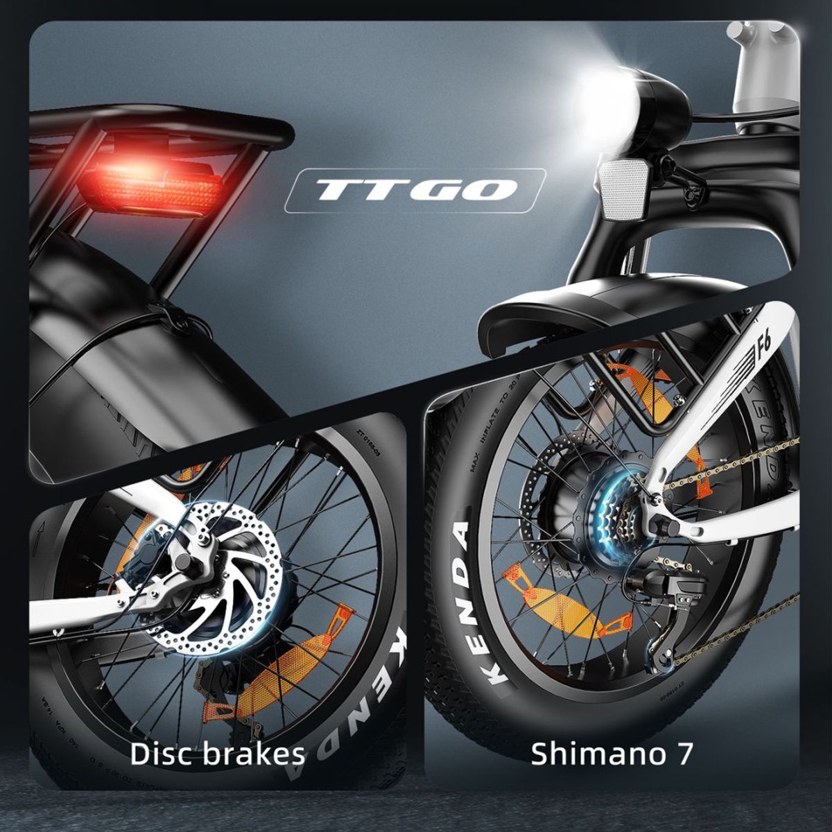 Nahaufnahme von E-Bike-Komponenten: Scheibenbremsen, Shimano 7, Marke TTGO, Modell F6.