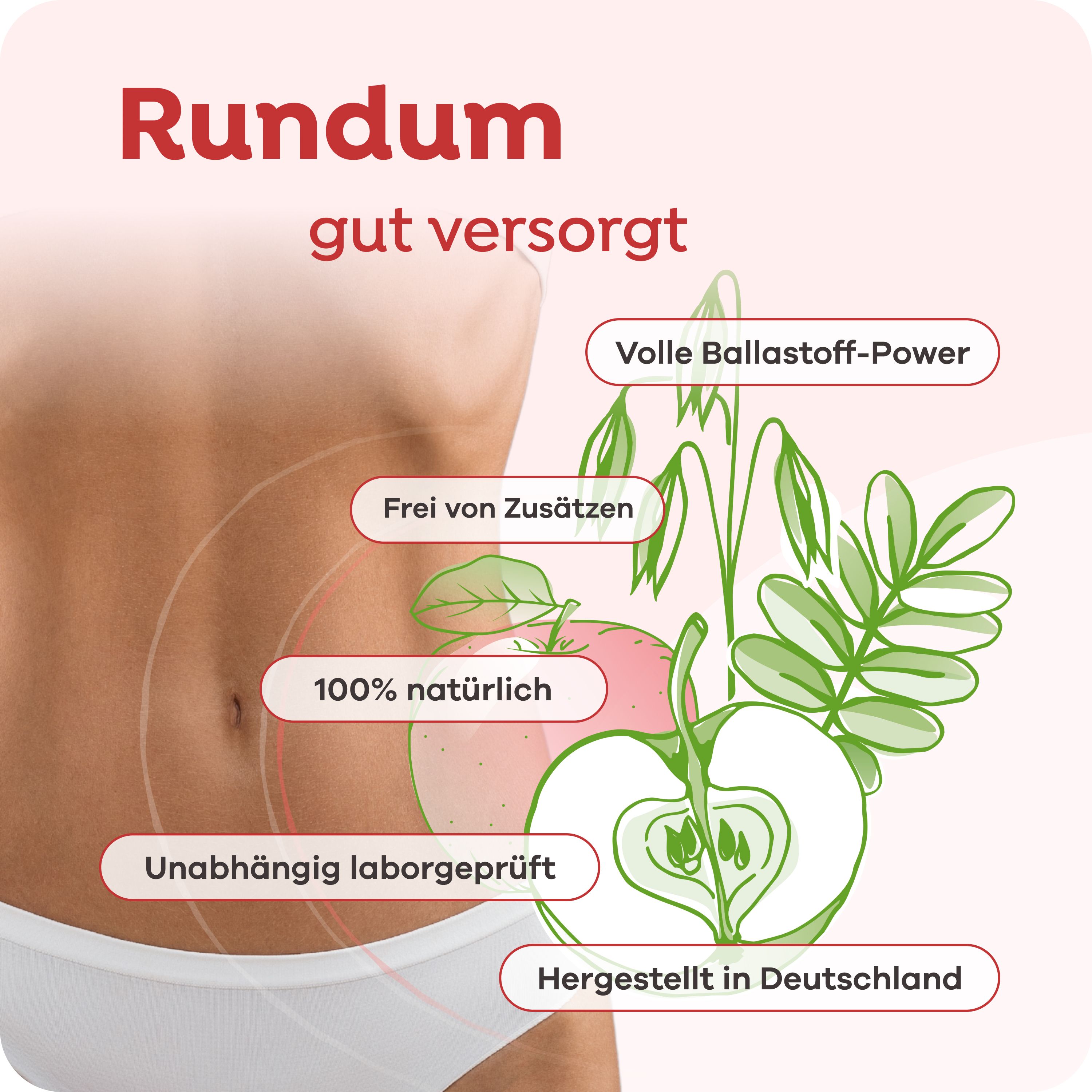 Bauch mit Text: Rundum gut versorgt. 100% natürlich, frei von Zusätzen, unabhängig laborgeprüft, hergestellt in Deutschland.
