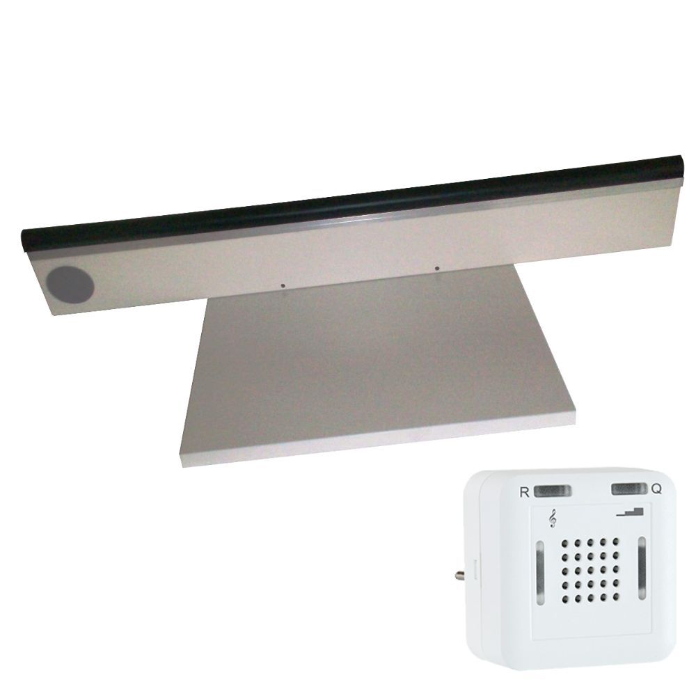 Bettfluchtbügel mit Empfänger. Metallbügel mit Lautsprecher und schwarzem Rand. Weißer Empfänger mit Knöpfen und Lautsprecher.