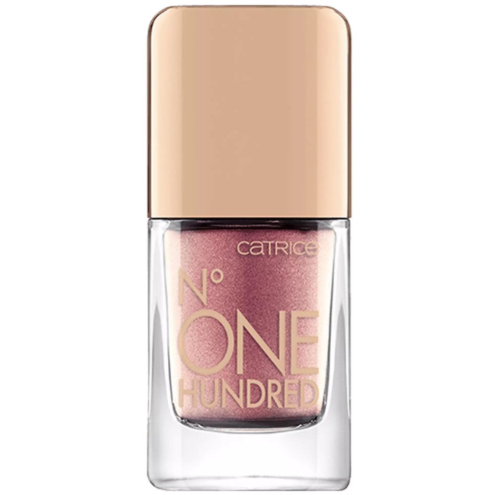 Nagellackflasche mit rosa-metallischem Inhalt. Auf der Flasche steht 'CATRICE' und 'ONE HUNDRED'. Der Deckel ist beige.