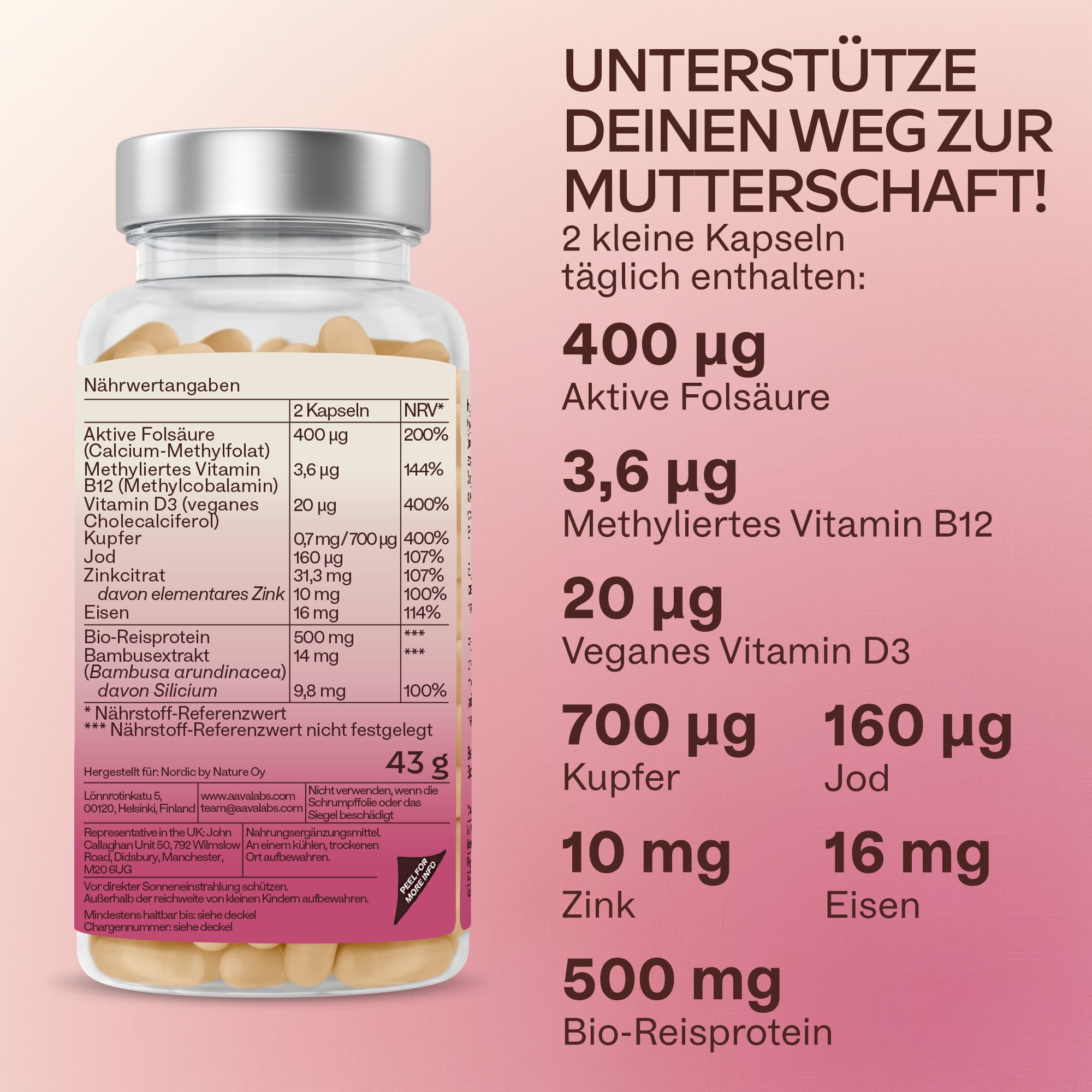 Flasche Aavalabs Folsäure Komplex mit Nährwertangaben und mehrsprachigen Texten.