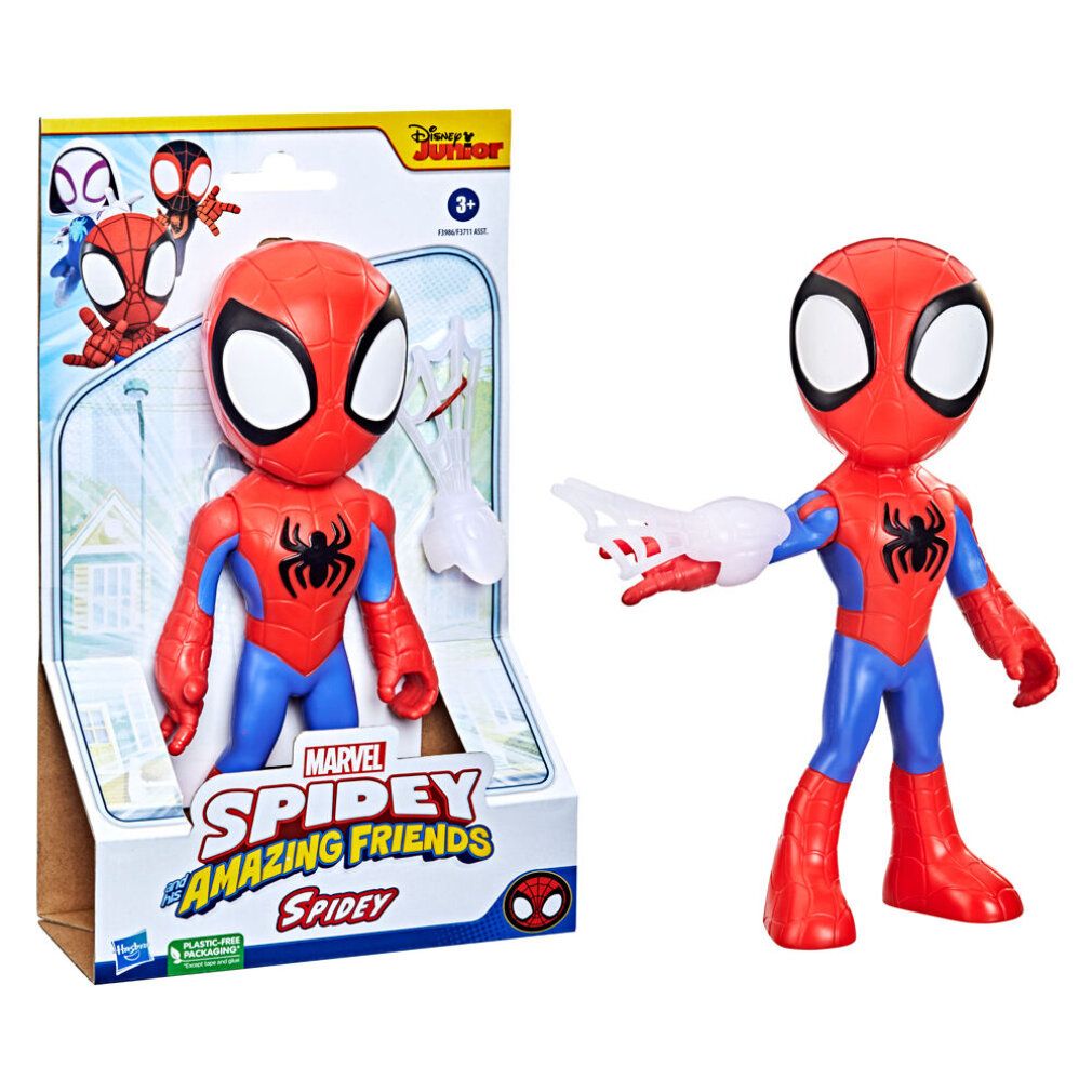 Spidey-Figur und Verpackung. Rot, blau und schwarz. Mit Zubehör. Marvel Spidey and His Amazing Friends.