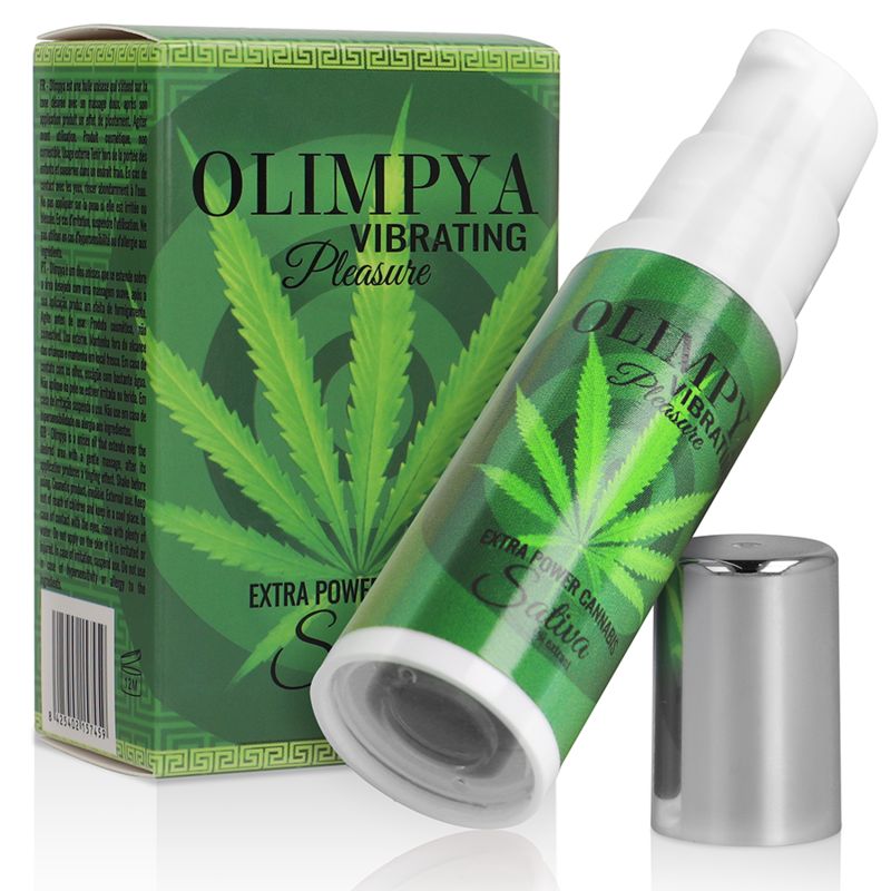 Produktverpackung und Flasche. Aufschrift: Olimpya, Vibrating Pleasure, Cannabis Sativa. Grüne Verpackung mit Hanfblatt.