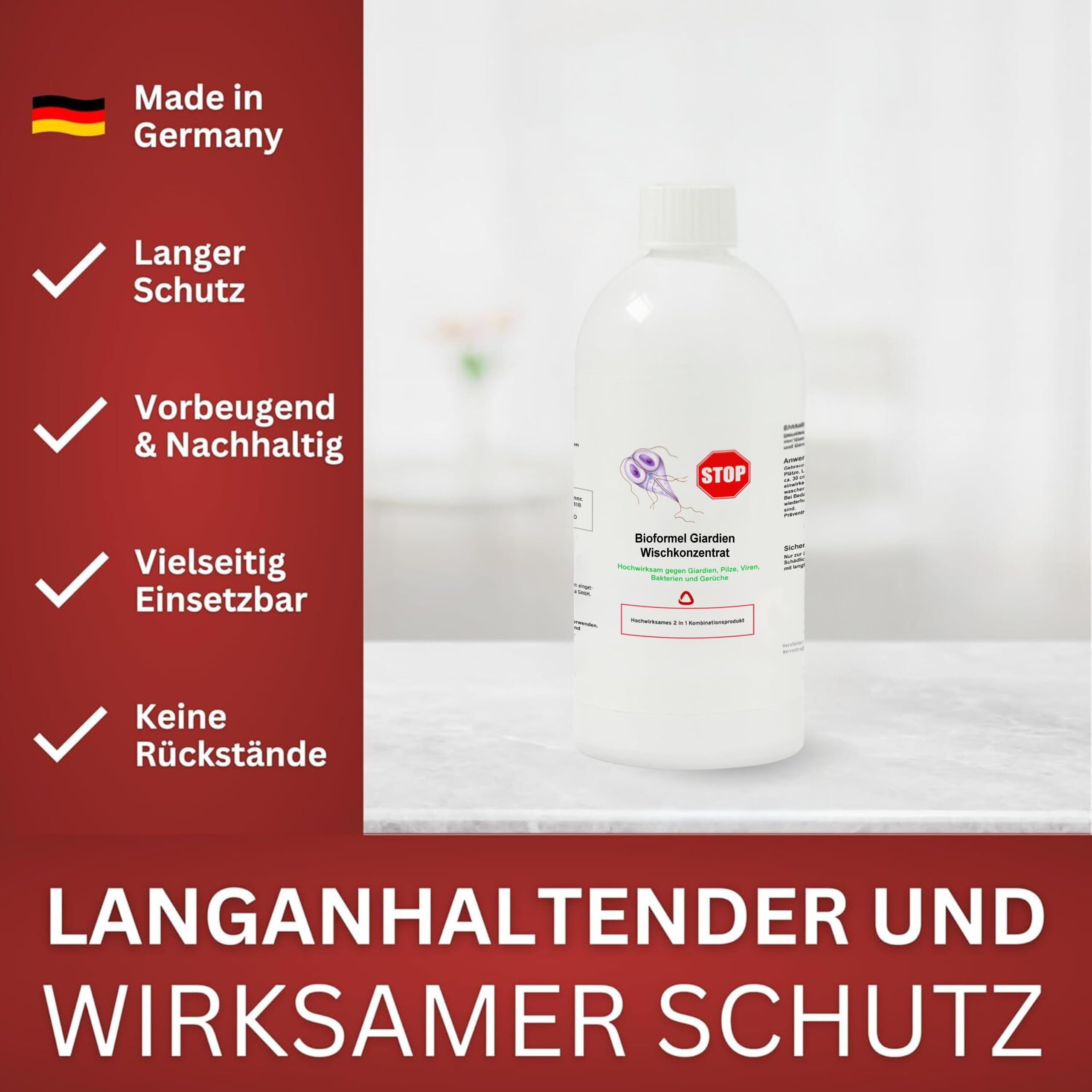 Weiße Flasche mit Etikett. Text: Bioformel Giardien Wischkonzentrat. Logos: Haken, Made in Germany. Text: Lang anhaltender und wirksamer Schutz.