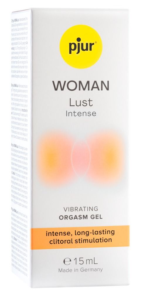 Pjur WOMAN Lust Intense. Vibrations-Orgasmus-Gel. Weiße Tube und Verpackung. Gelb-orangefarbene Grafik. 15 ml.