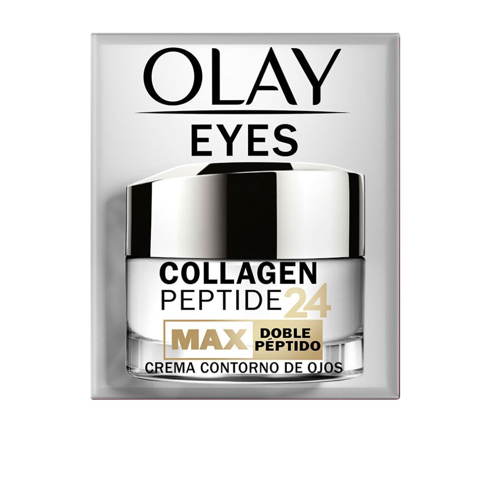 Olay Eyes Collagen Peptide 24 Max Augencreme. Produkt und Verpackung. Weißes Glas, silberner Deckel. Text: Collagen Peptide 24 Max.