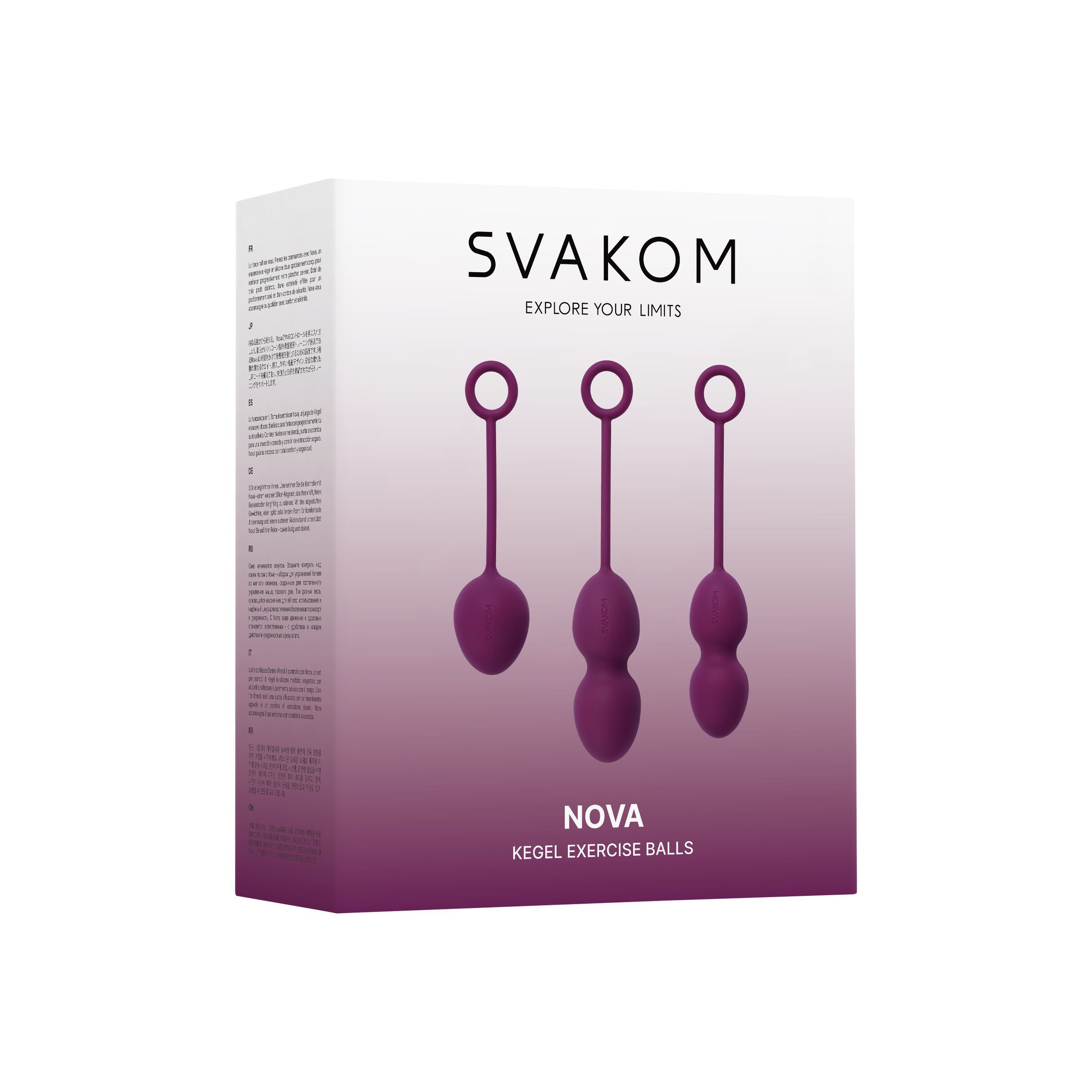 Verpackung von SVAKOM Nova Kegel-Trainingskugeln. Drei lila Kugeln sind abgebildet. Marke und Produktname sind sichtbar.