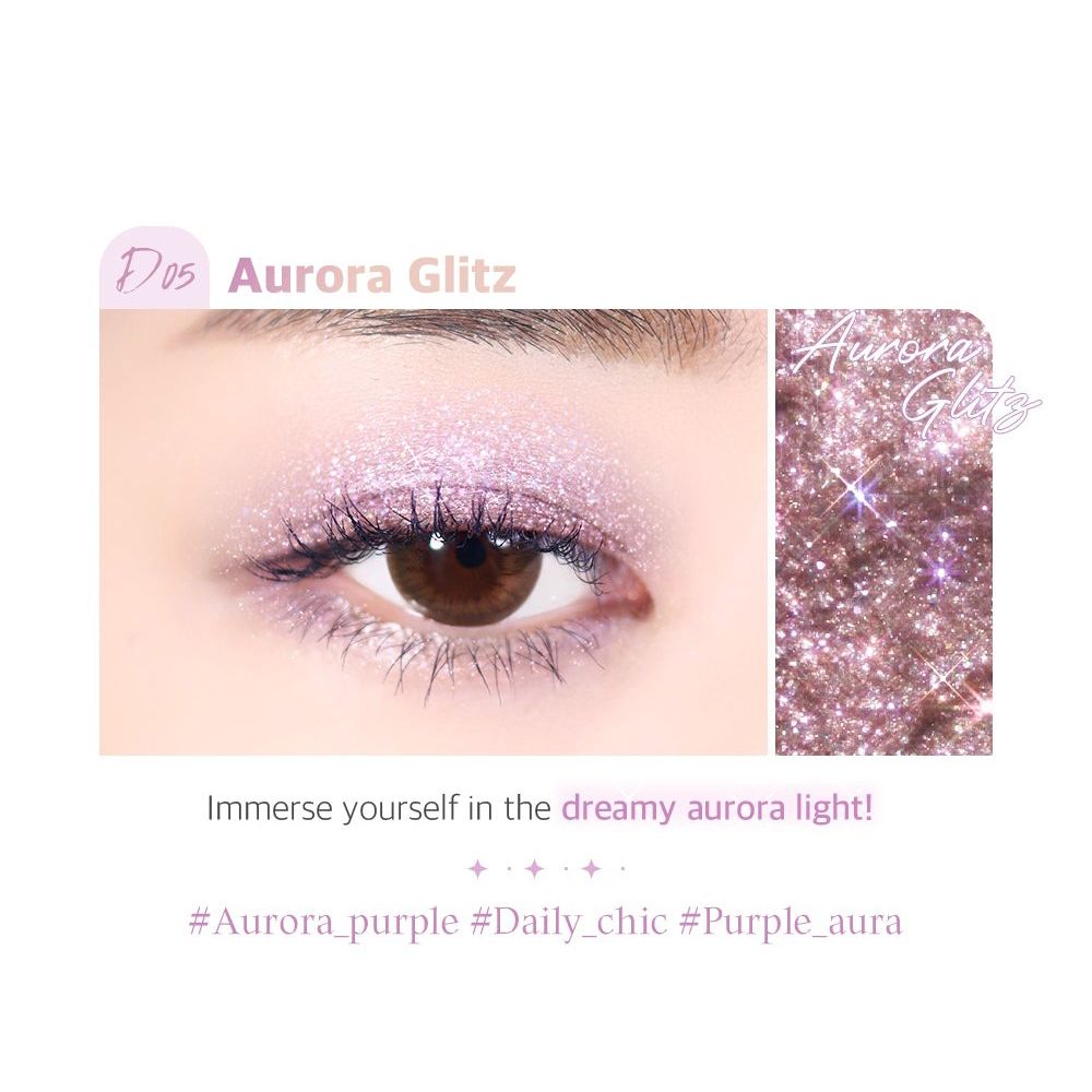 Auge mit Aurora Glitz Lidschatten. Text: Aurora Glitz. Farbprobe. Text: #Aurora_purple #Daily_chic #Purple_aura.