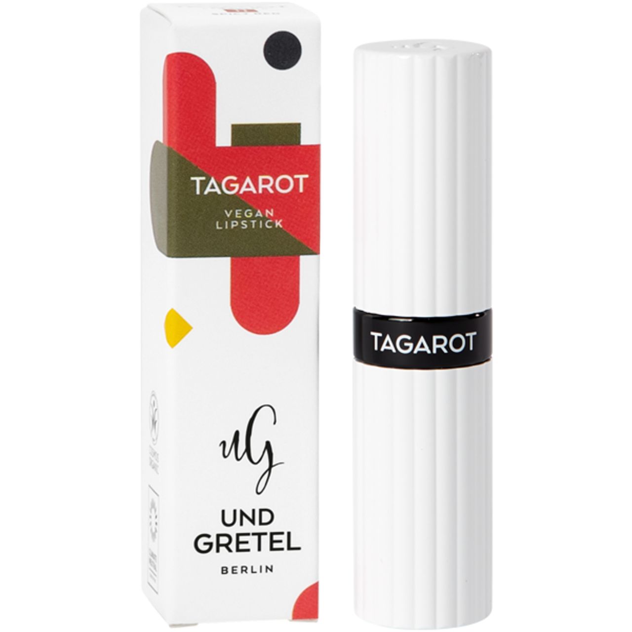 Weißer Lippenstift mit geriffelter Hülle und schwarzem Band mit „TAGAROT“. Karton mit Logo, Schriftzug „UND GRETEL“ und „BERLIN“.
