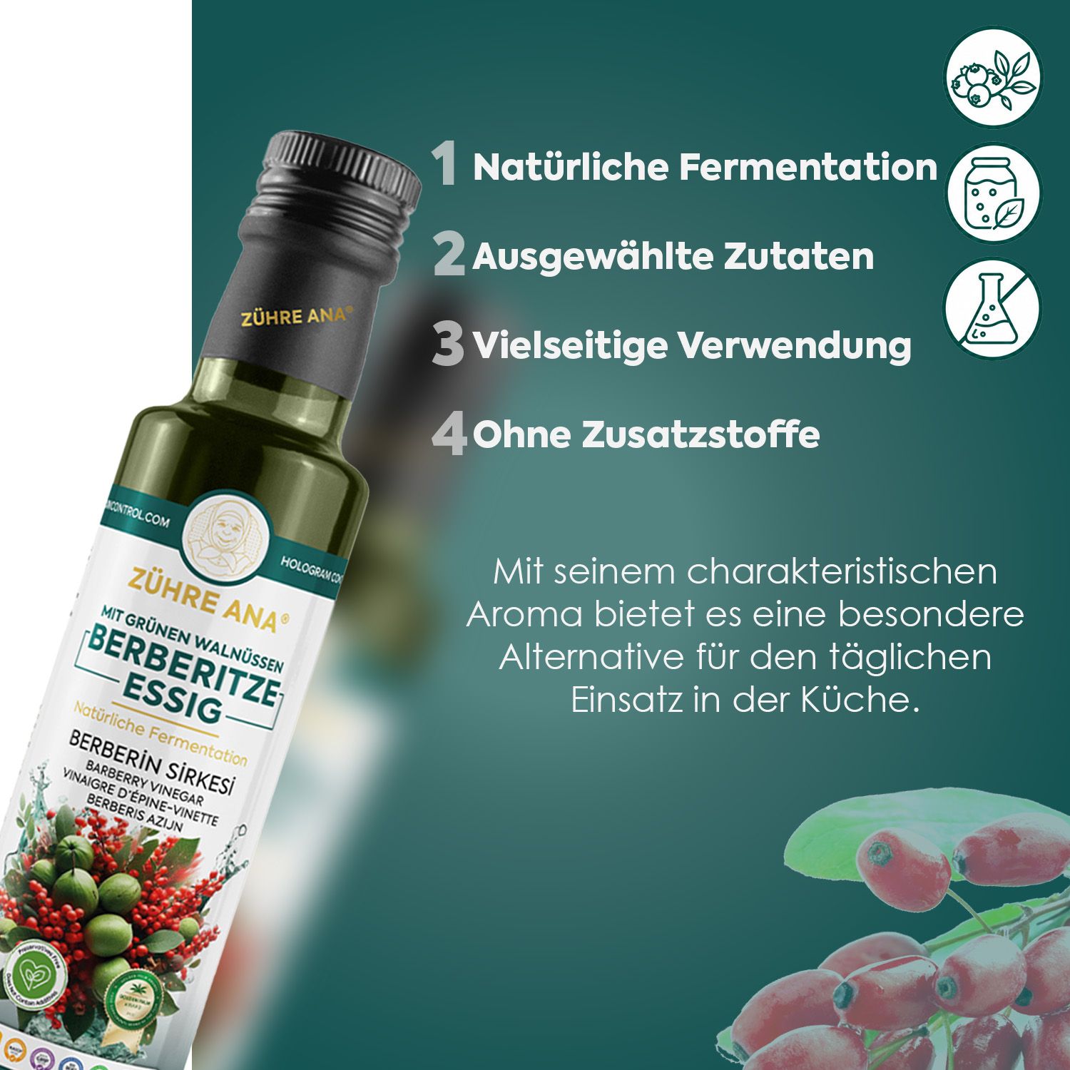 Flasche Zühre Ana Berberitzenessig mit grünen Walnüssen. Natürliche Fermentation, ohne Zusatzstoffe.