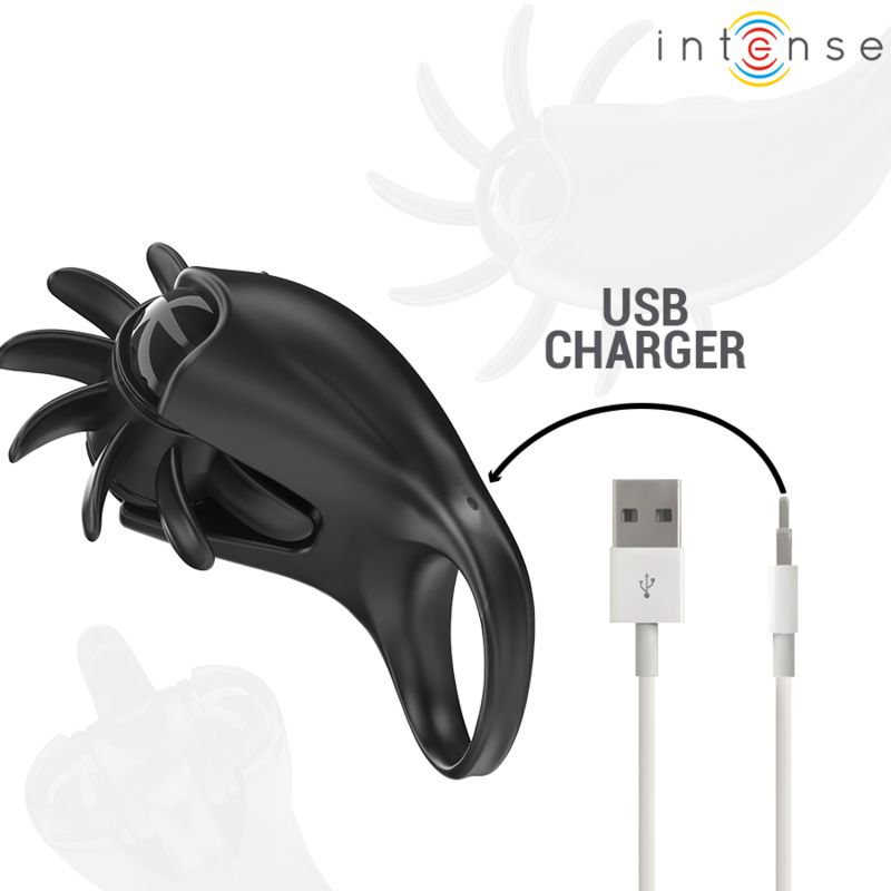 Schwarzer Vibrationsring mit Blütenblatt-Design. USB-Ladekabel. Marke: Intense.