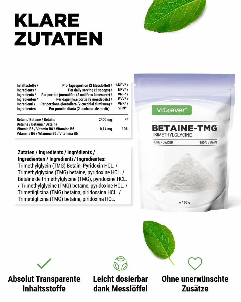 Produktabbildung mit Inhaltsstoffen. Marke: vit4ever. Text: Betaine-TMG, Vitamin B6. Beutel mit Pulver, 150 g.