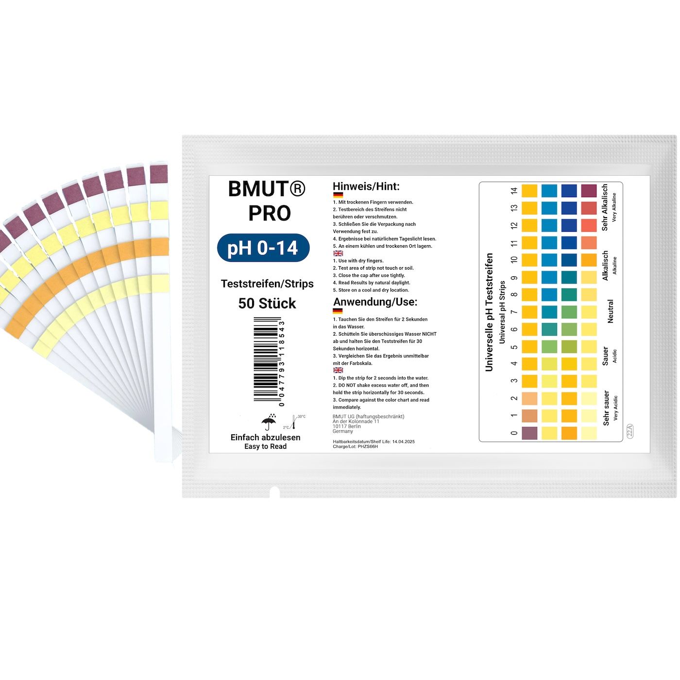 Teststreifen-Packung mit pH-Wert-Skala. Enthält 50 Streifen. Aufdruck: BMUT PRO pH 0-14. Farbskala zur pH-Wert-Bestimmung.